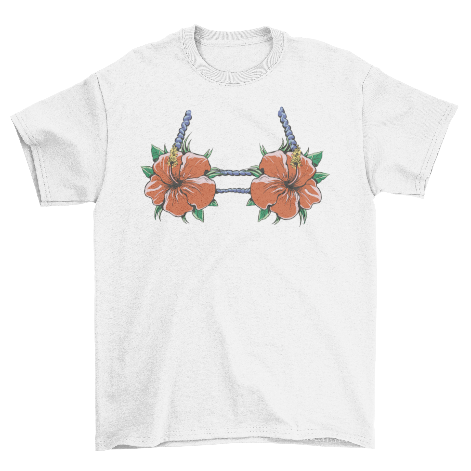 A vibrant t-shirt featuring a bikini top design made of colorful hibiscus flowers, perfect for summer wear.