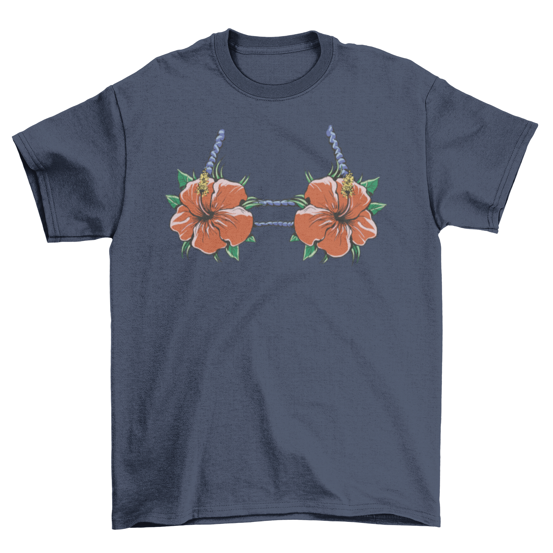 A vibrant t-shirt featuring a bikini top design made of colorful hibiscus flowers, perfect for summer wear.