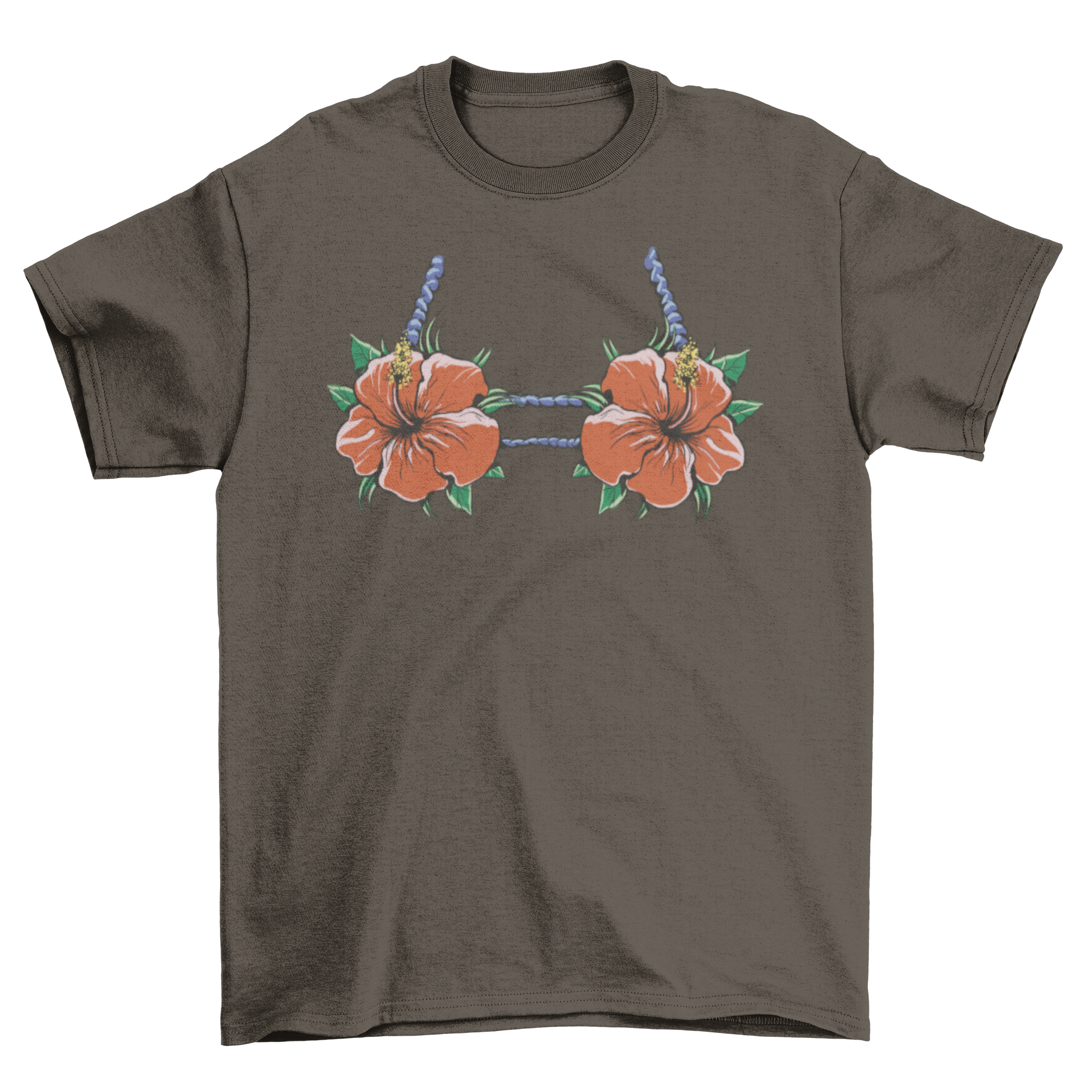 A vibrant t-shirt featuring a bikini top design made of colorful hibiscus flowers, perfect for summer wear.