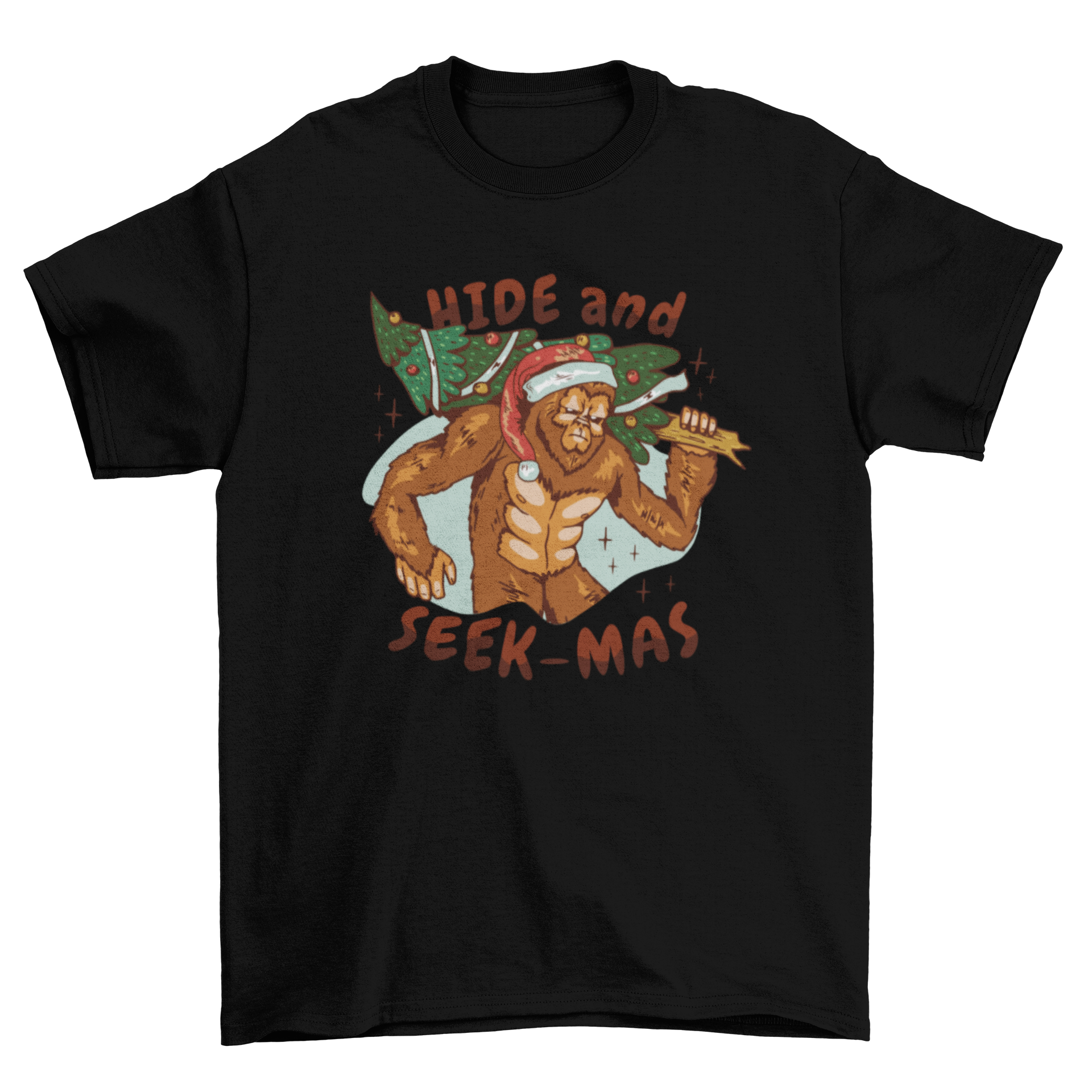 Hide and Seek Christmas Bigfoot T-shirt featuring a gorilla carrying a Christmas tree with the quote 'Hide and seek-mas'.