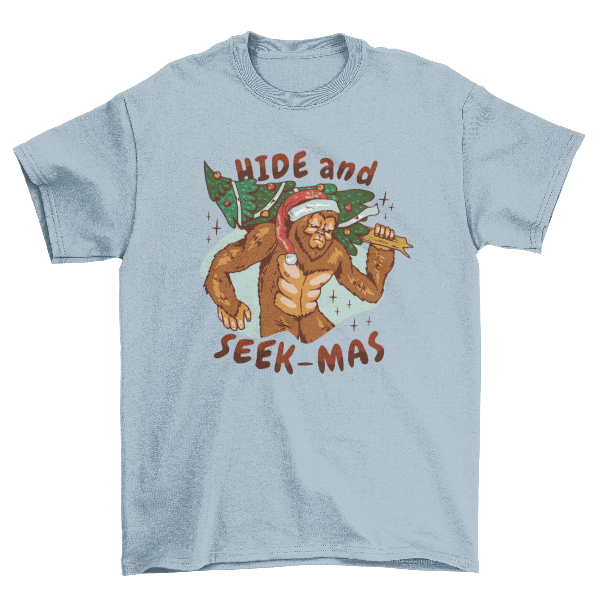 Hide and Seek Christmas Bigfoot T-shirt featuring a gorilla carrying a Christmas tree with the quote 'Hide and seek-mas'.