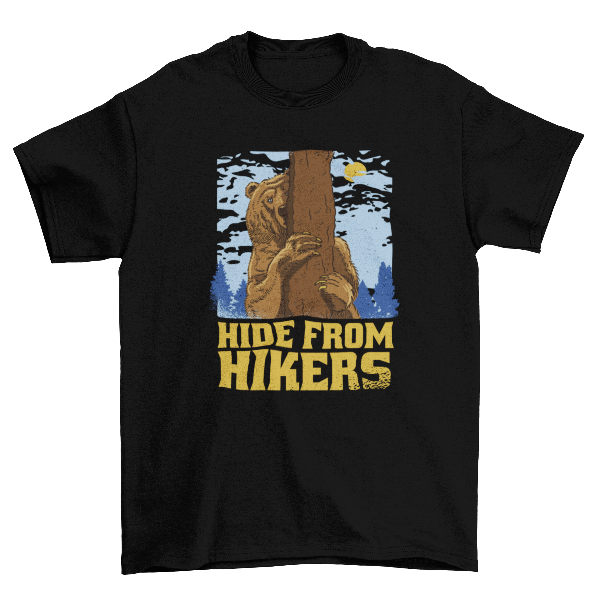 Hidden Mountain Bear T-Shirt featuring a bear behind a tree with the quote 'Hide from hikers' in a stylish illustration.