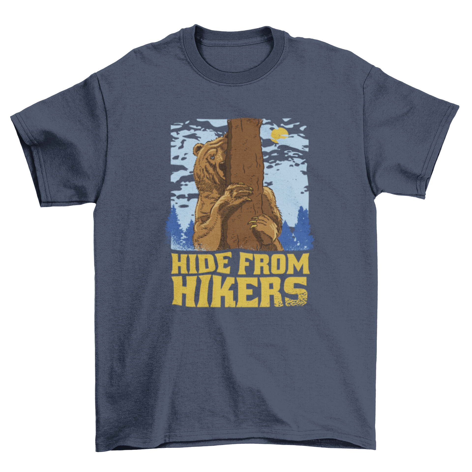 Hidden Mountain Bear T-Shirt featuring a bear behind a tree with the quote 'Hide from hikers' in a stylish illustration.