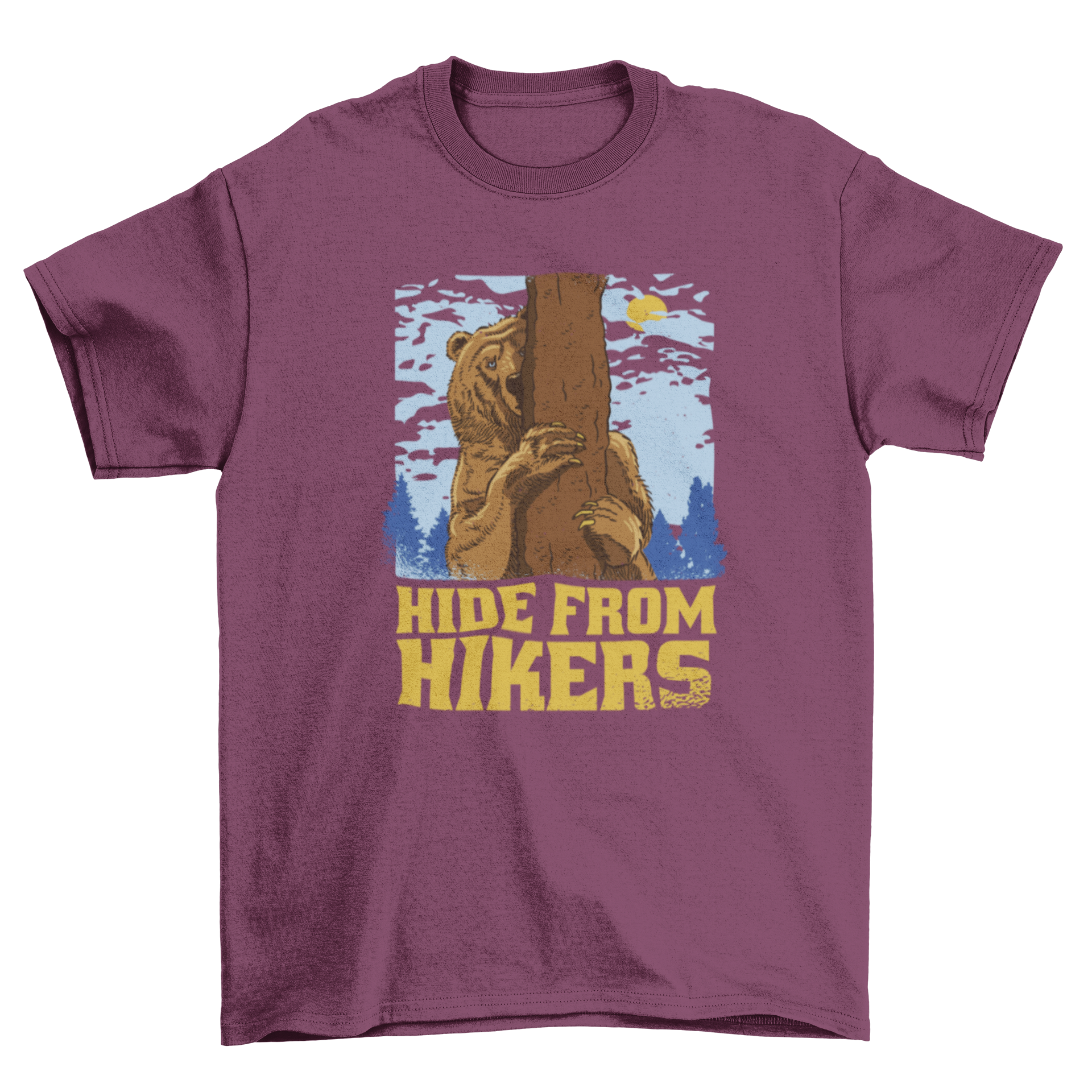 Hidden Mountain Bear T-Shirt featuring a bear behind a tree with the quote 'Hide from hikers' in a stylish illustration.