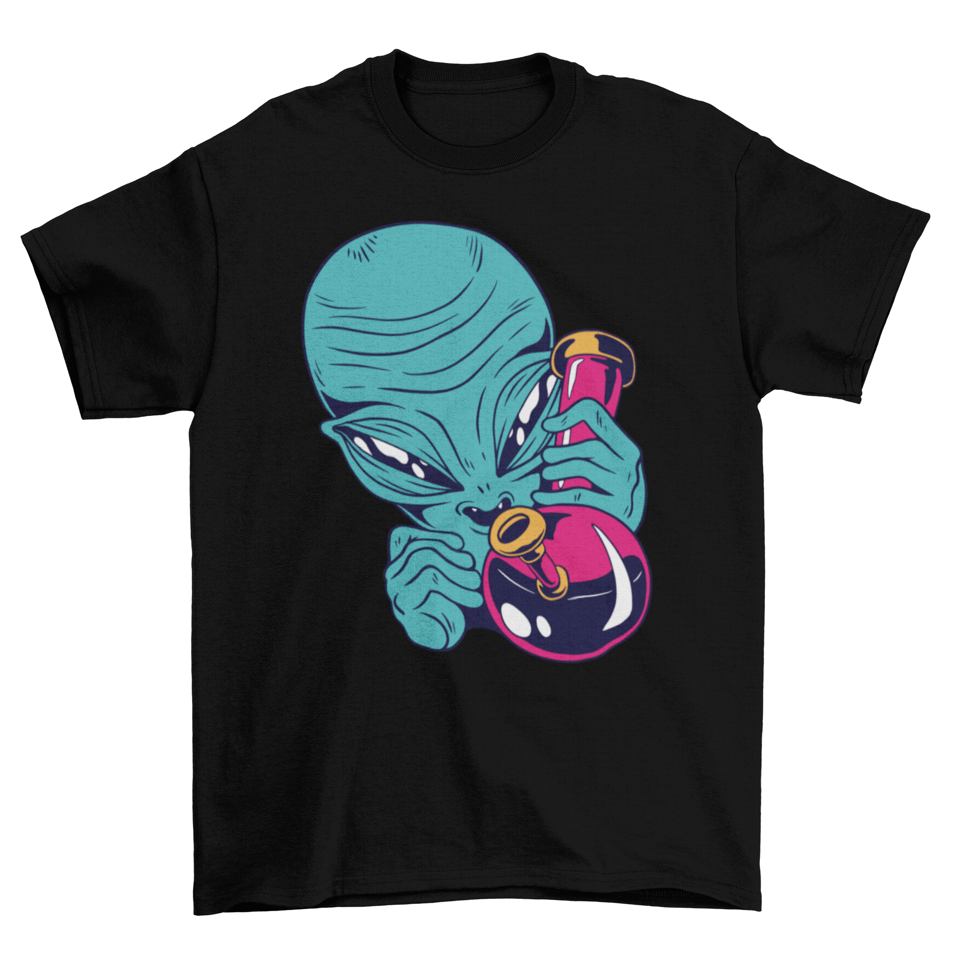 High Alien T-Shirt featuring a colorful alien illustration with a bong, perfect for casual wear.