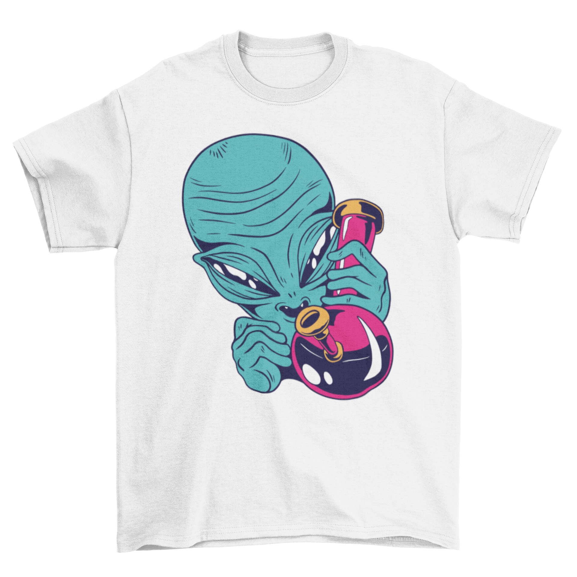 High Alien T-Shirt featuring a colorful alien illustration with a bong, perfect for casual wear.