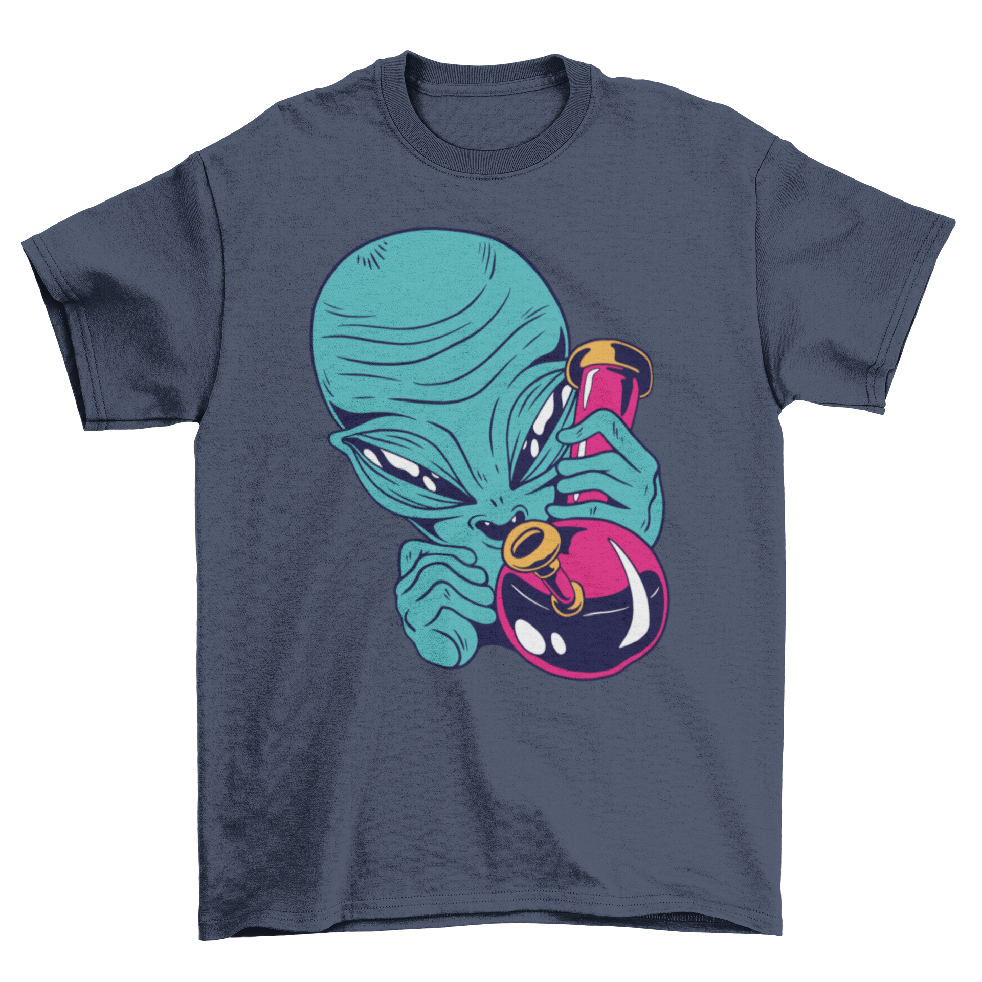 High Alien T-Shirt featuring a colorful alien illustration with a bong, perfect for casual wear.