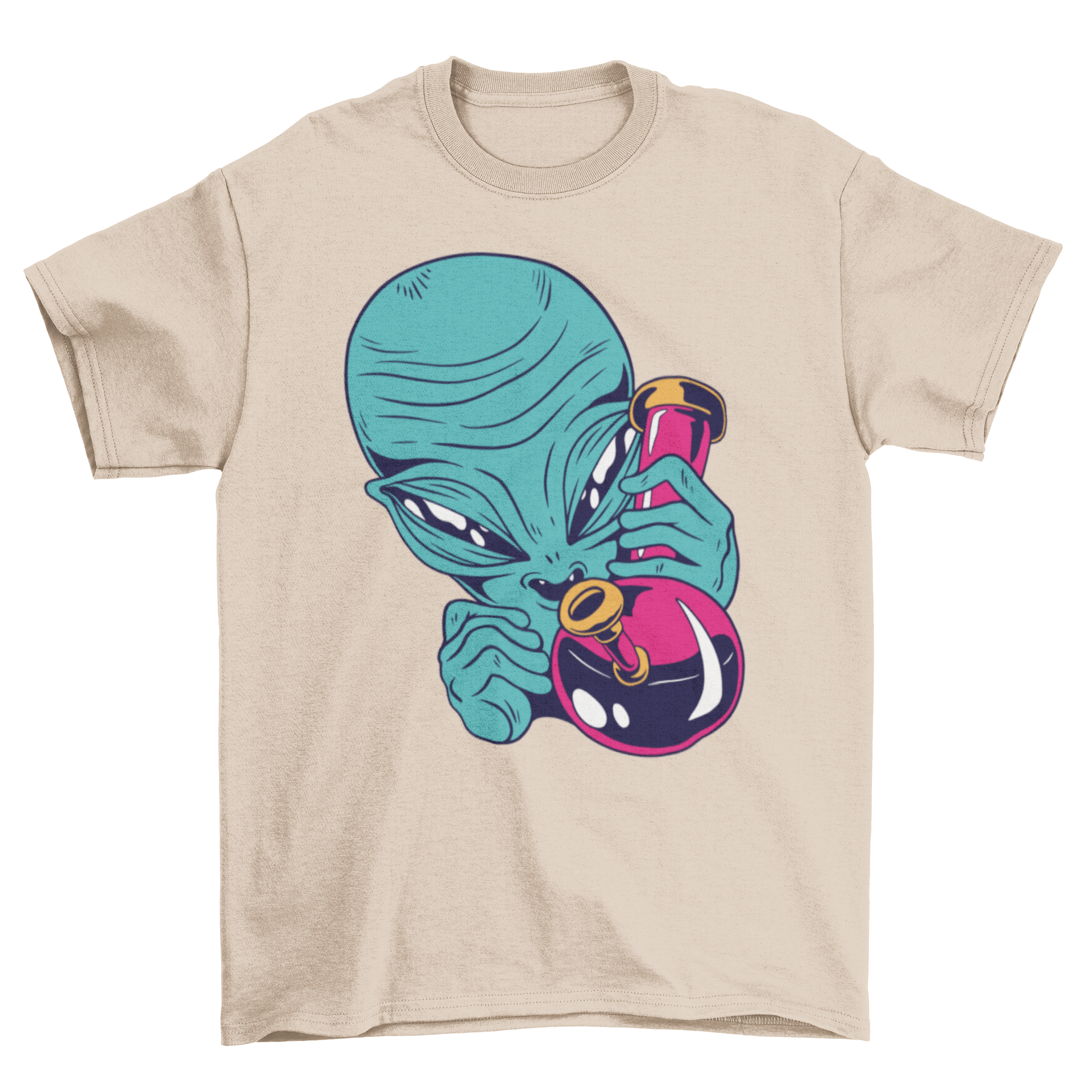 High Alien T-Shirt featuring a colorful alien illustration with a bong, perfect for casual wear.