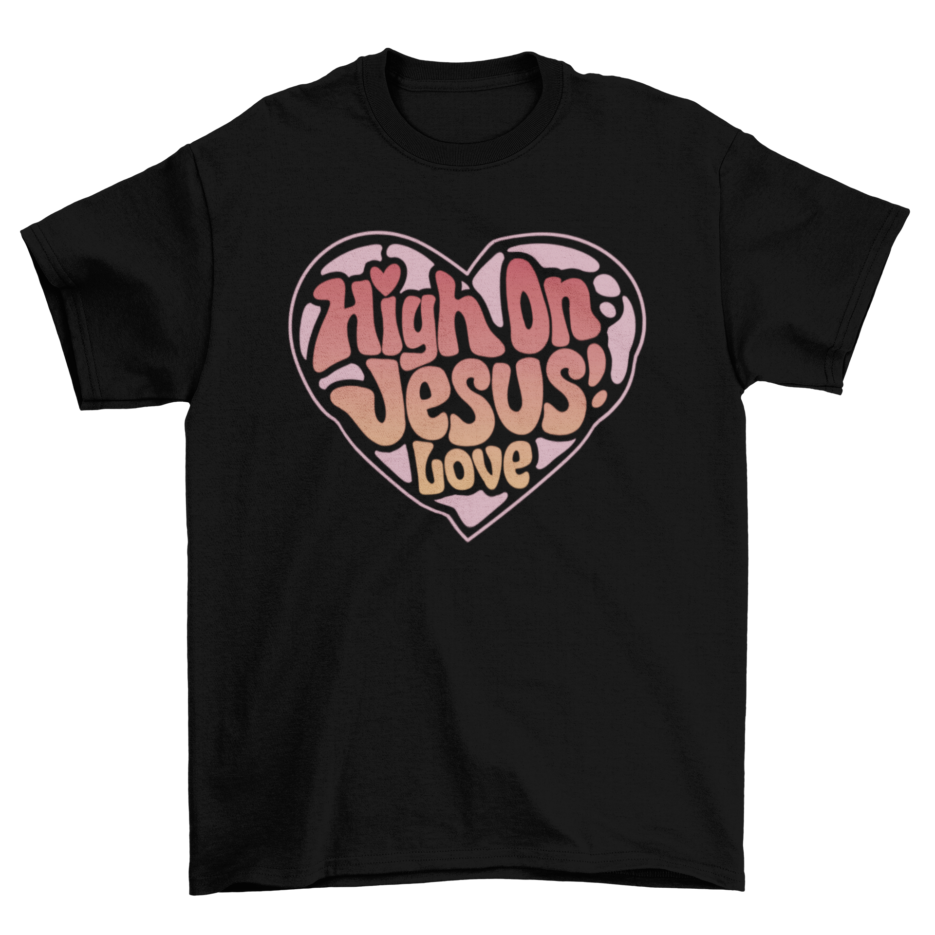 High on Jesus love heart t-shirt featuring bold lettering and heart design, perfect for casual wear.