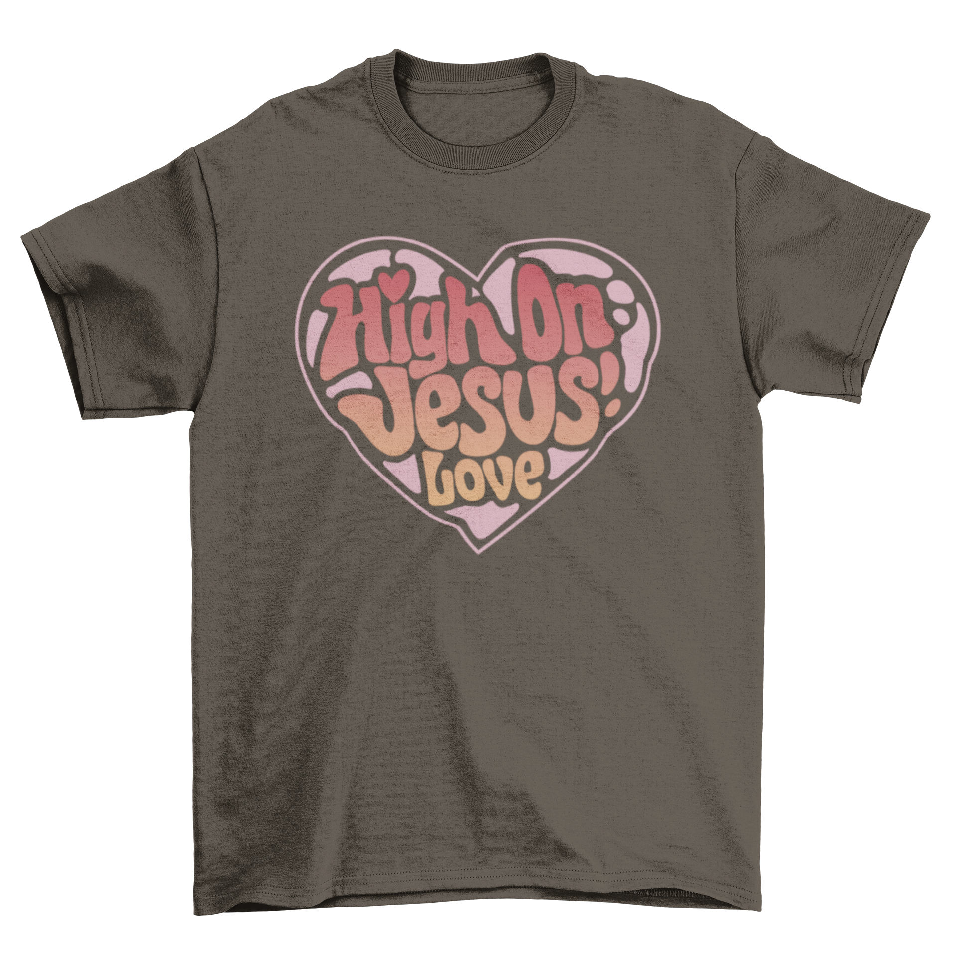 High on Jesus love heart t-shirt featuring bold lettering and heart design, perfect for casual wear.