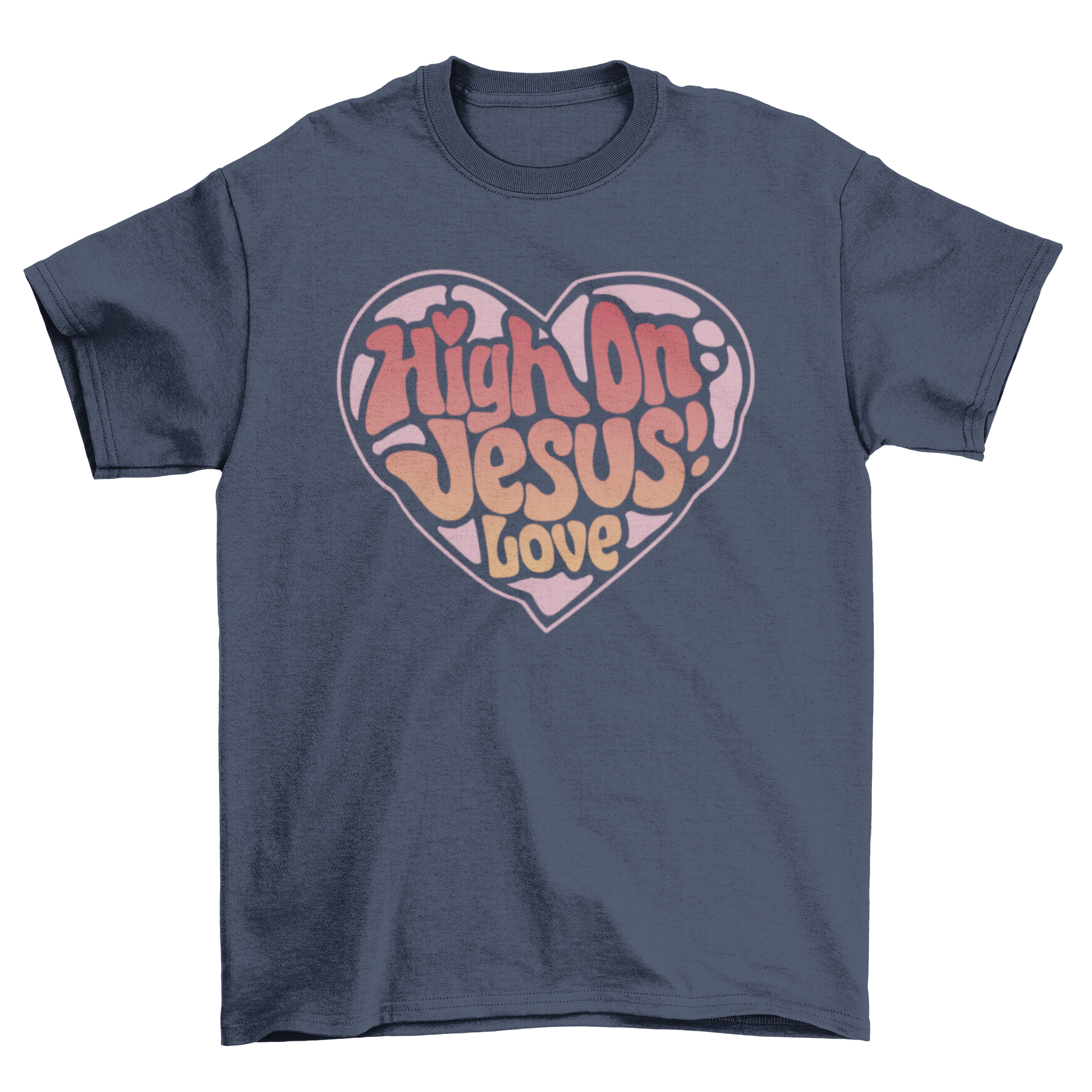 High on Jesus love heart t-shirt featuring bold lettering and heart design, perfect for casual wear.