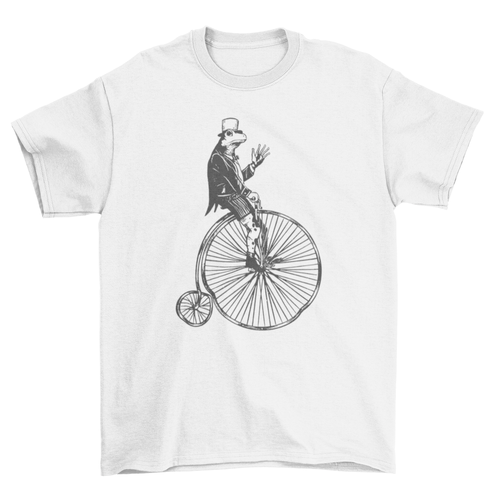 High Wheel Frog T-Shirt featuring a whimsical frog riding a vintage high wheel bicycle.