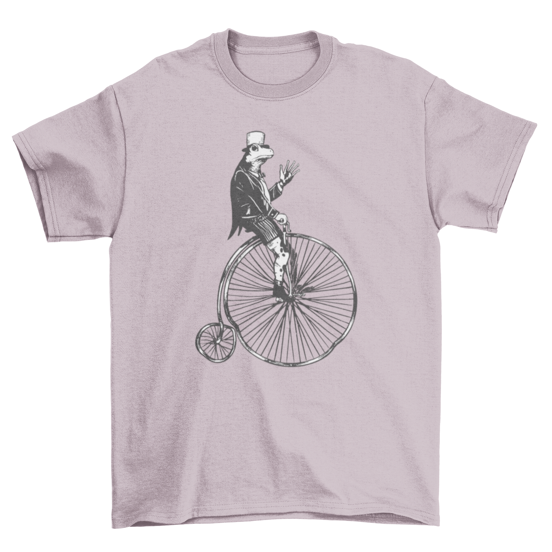 High Wheel Frog T-Shirt featuring a whimsical frog riding a vintage high wheel bicycle.