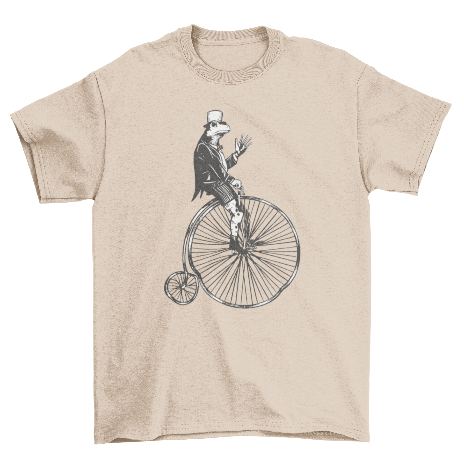 High Wheel Frog T-Shirt featuring a whimsical frog riding a vintage high wheel bicycle.