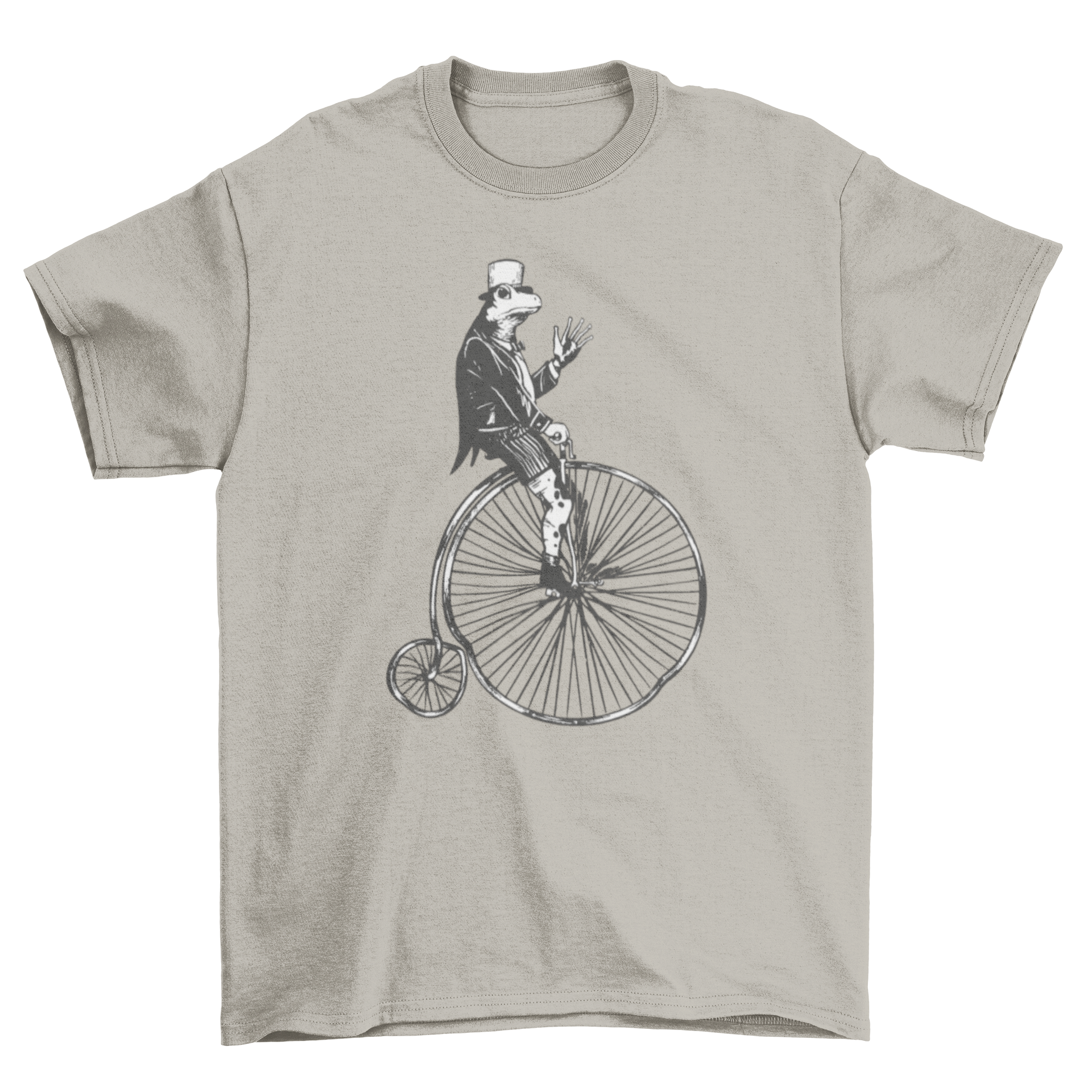 High Wheel Frog T-Shirt featuring a whimsical frog riding a vintage high wheel bicycle.