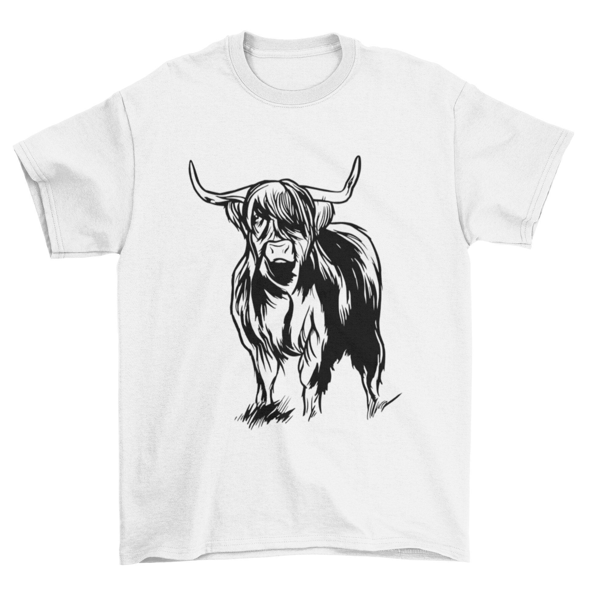 Highlander Cow T-shirt featuring a detailed graphic of a Scottish Highlander cow on a soft fabric background.