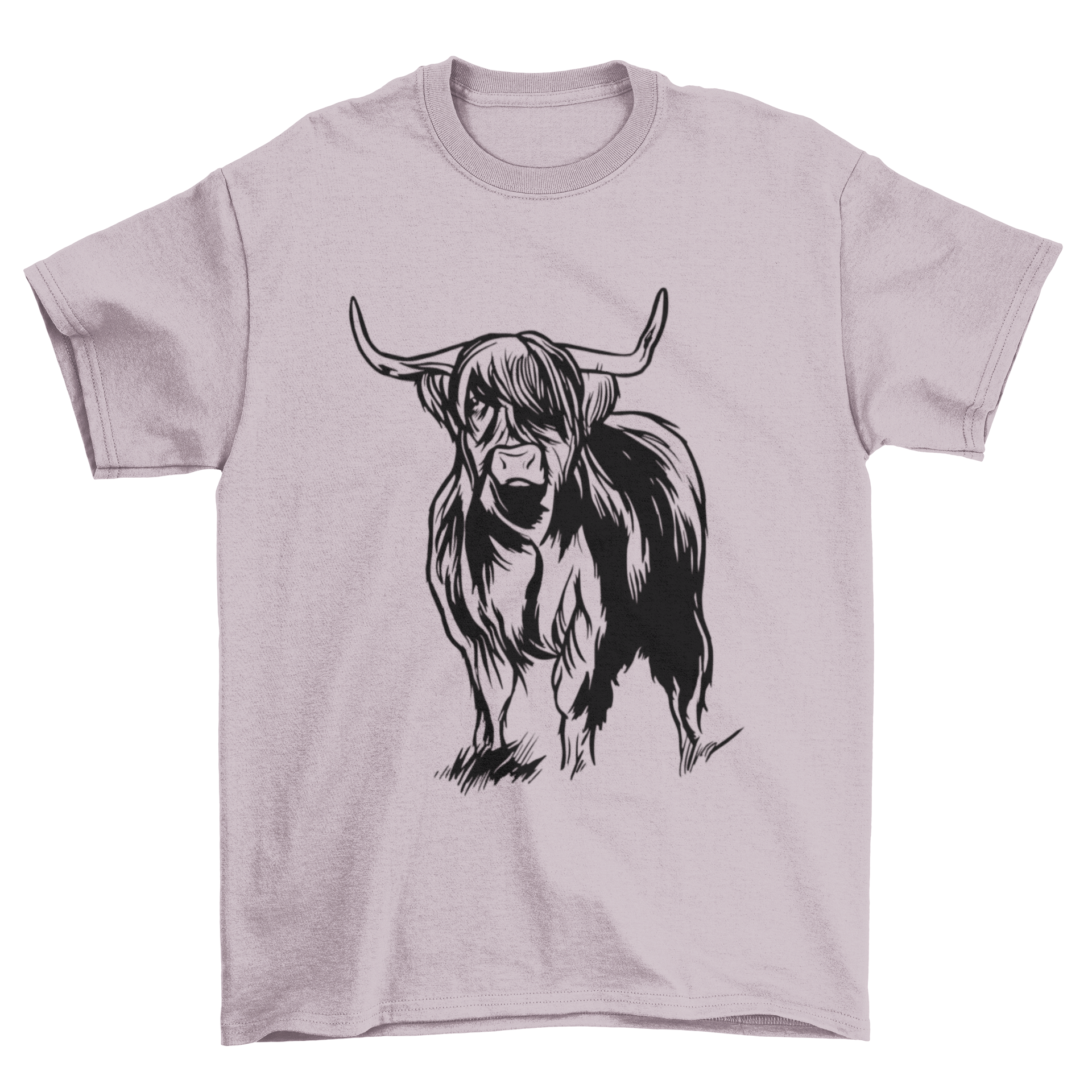 Highlander Cow T-shirt featuring a detailed graphic of a Scottish Highlander cow on a soft fabric background.