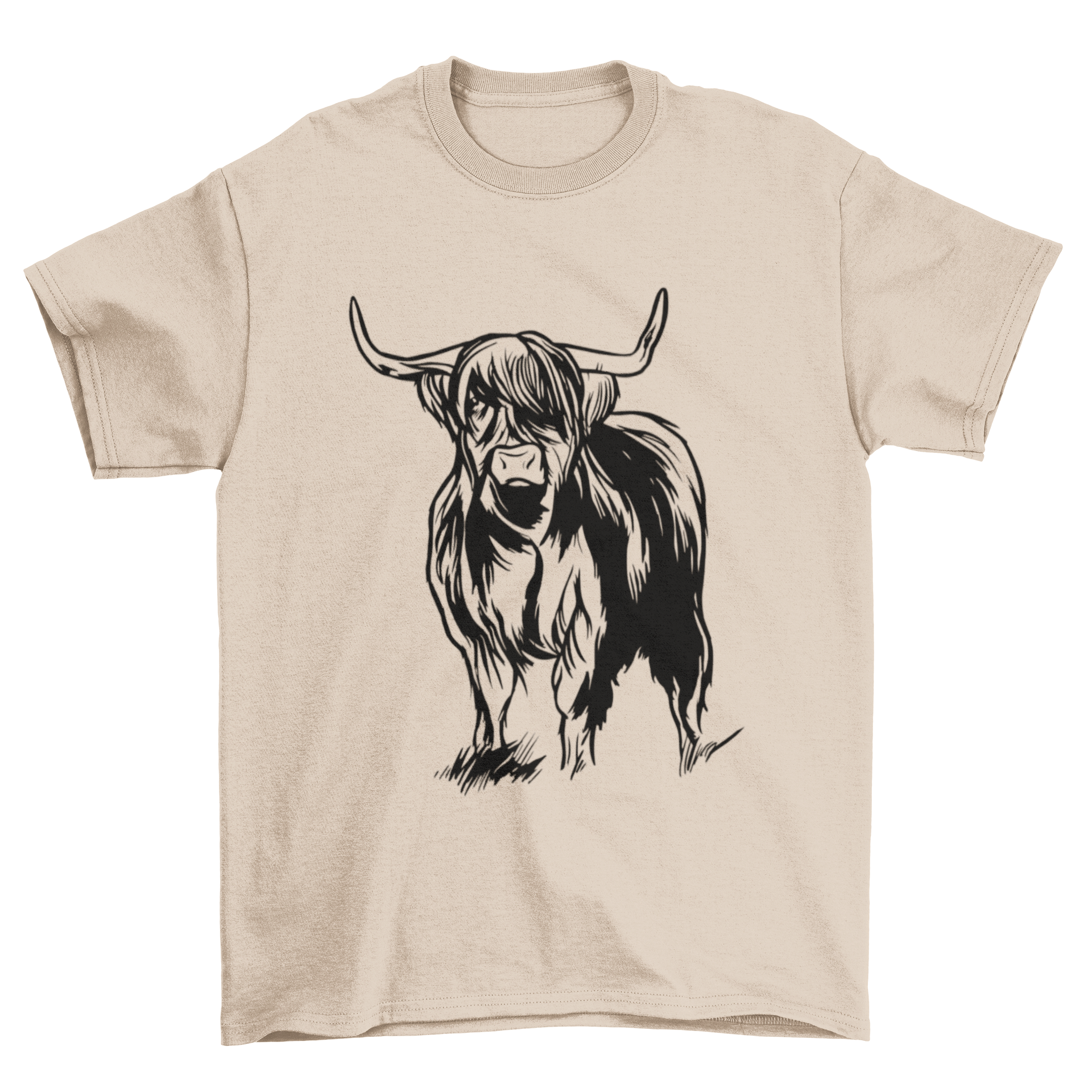 Highlander Cow T-shirt featuring a detailed graphic of a Scottish Highlander cow on a soft fabric background.