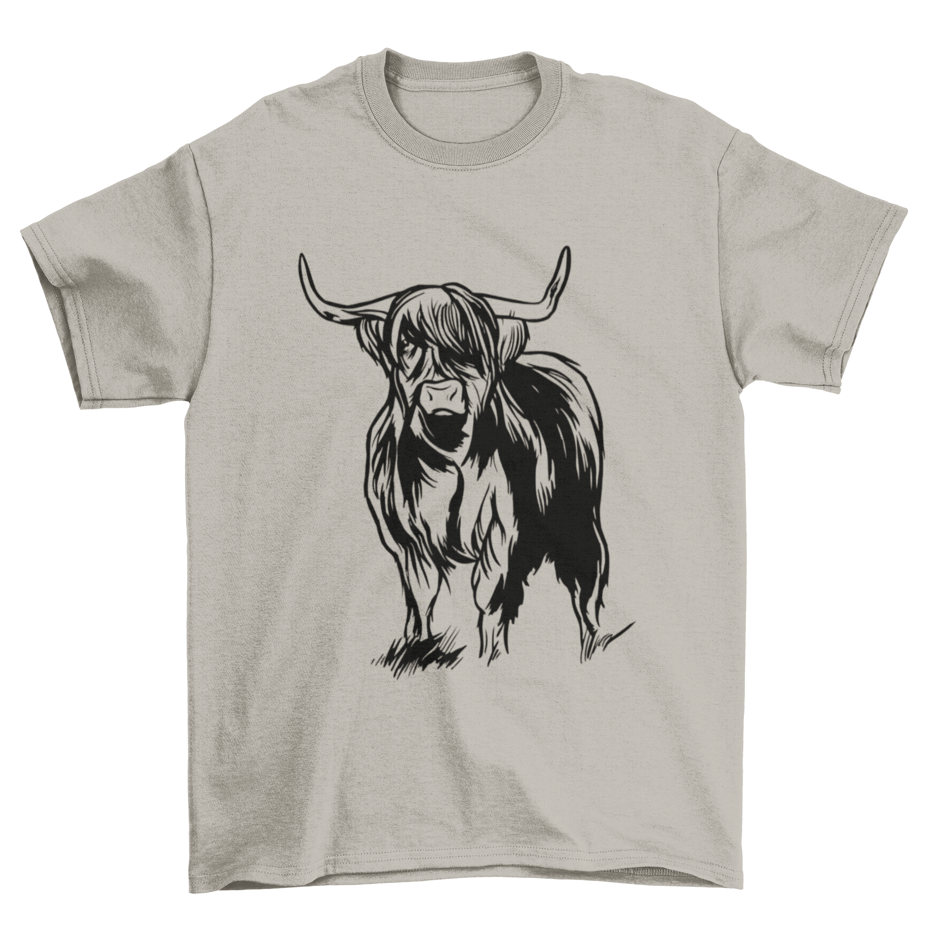 Highlander Cow T-shirt featuring a detailed graphic of a Scottish Highlander cow on a soft fabric background.