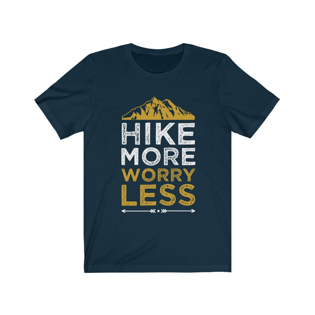 Hike More Worry Less Lettering T-Shirt in soft cotton, featuring a bold vinyl print, perfect for outdoor enthusiasts.