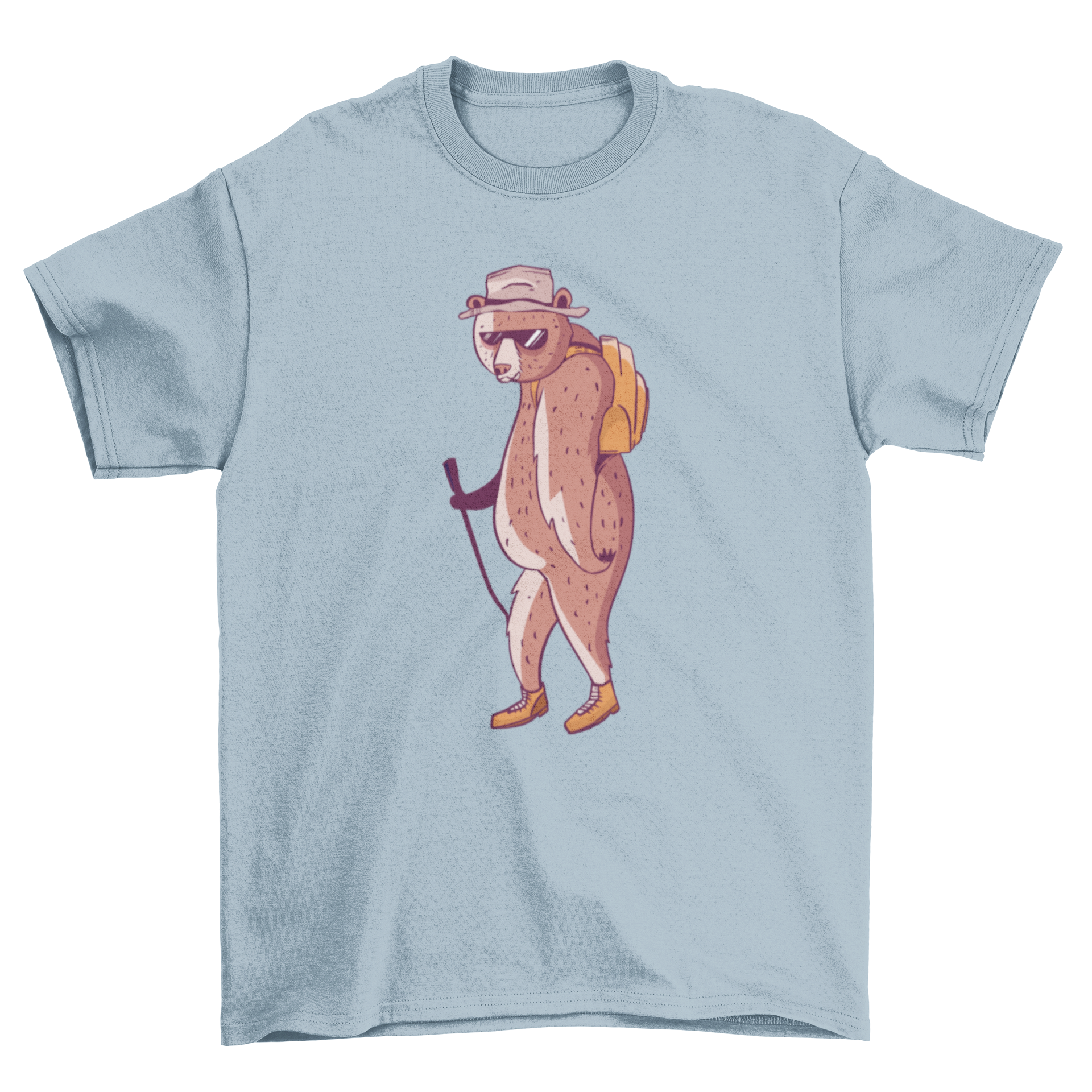 A stylish Hiking Bear T-shirt featuring a graphic of a bear wearing a backpack and hiking gear, perfect for outdoor enthusiasts.