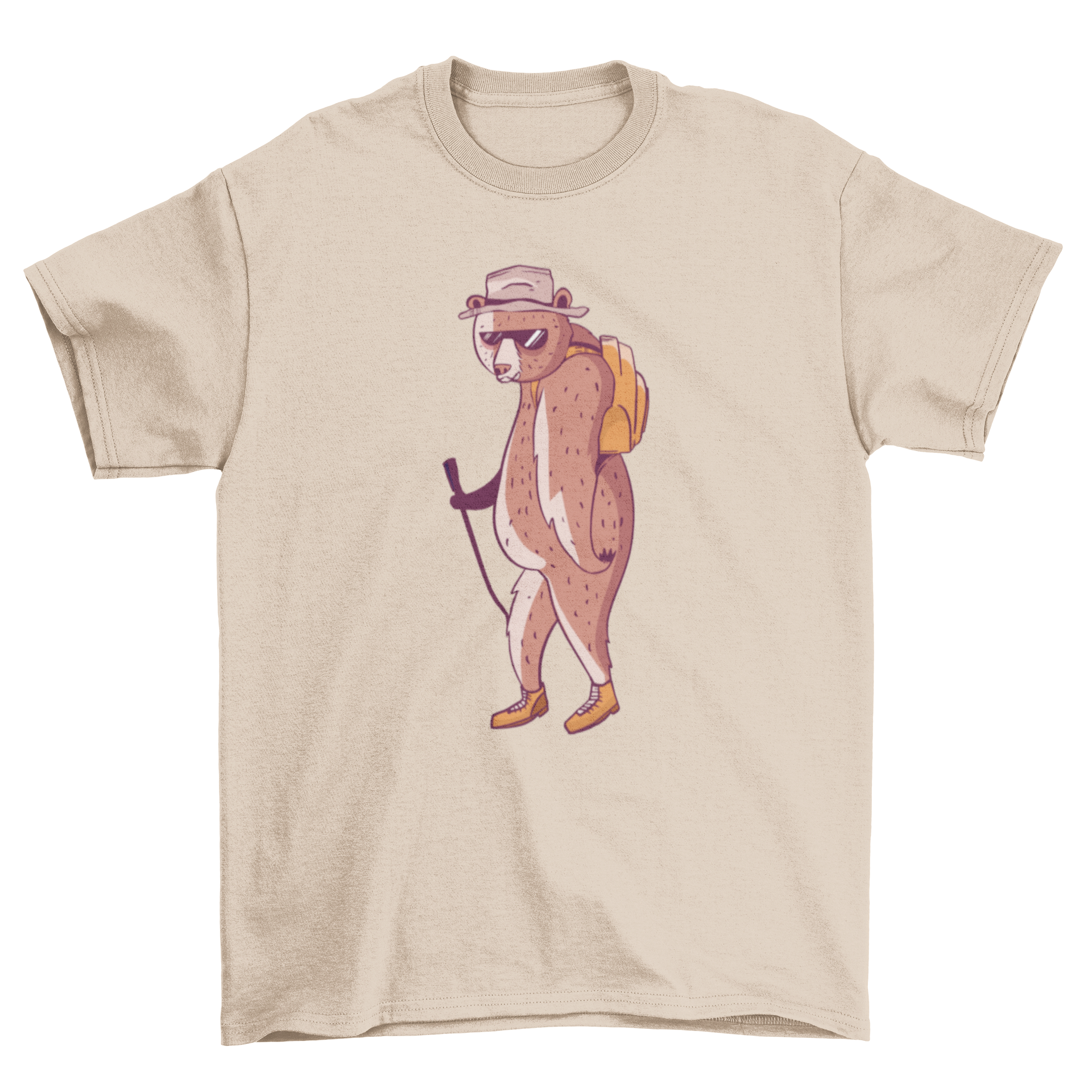 A stylish Hiking Bear T-shirt featuring a graphic of a bear wearing a backpack and hiking gear, perfect for outdoor enthusiasts.