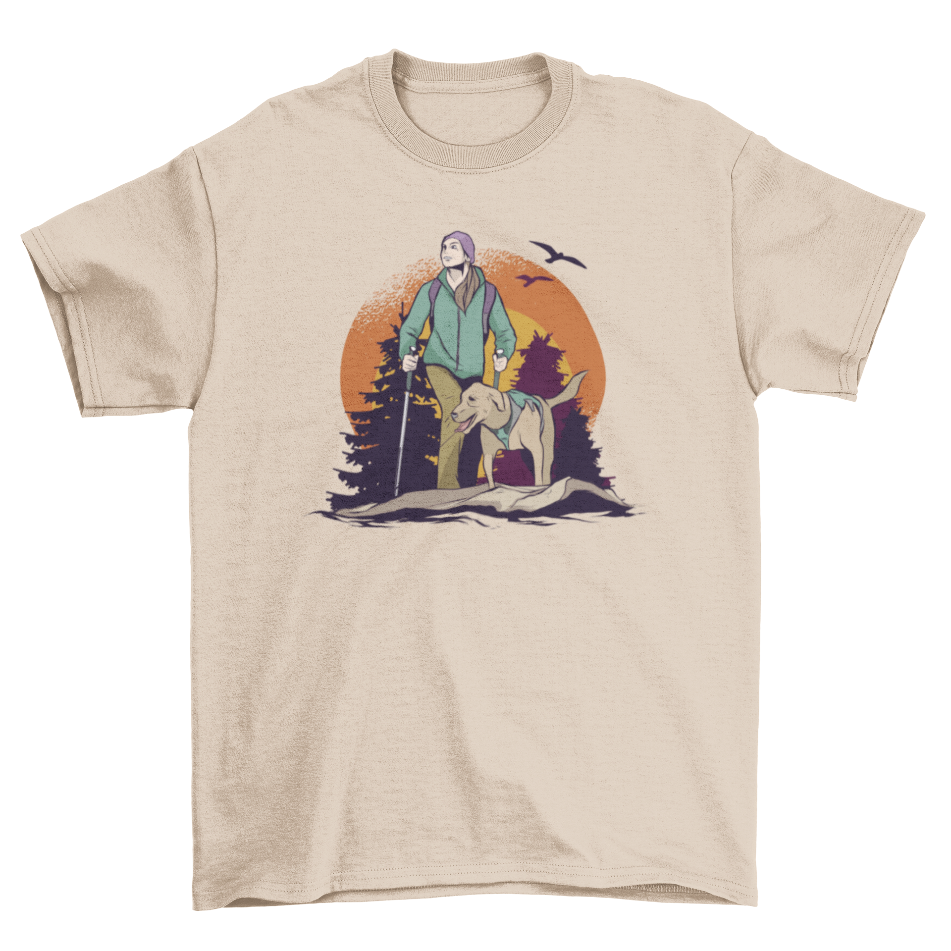 A woman hiking in a forest with her dog, surrounded by trees and birds, depicted on a stylish t-shirt.