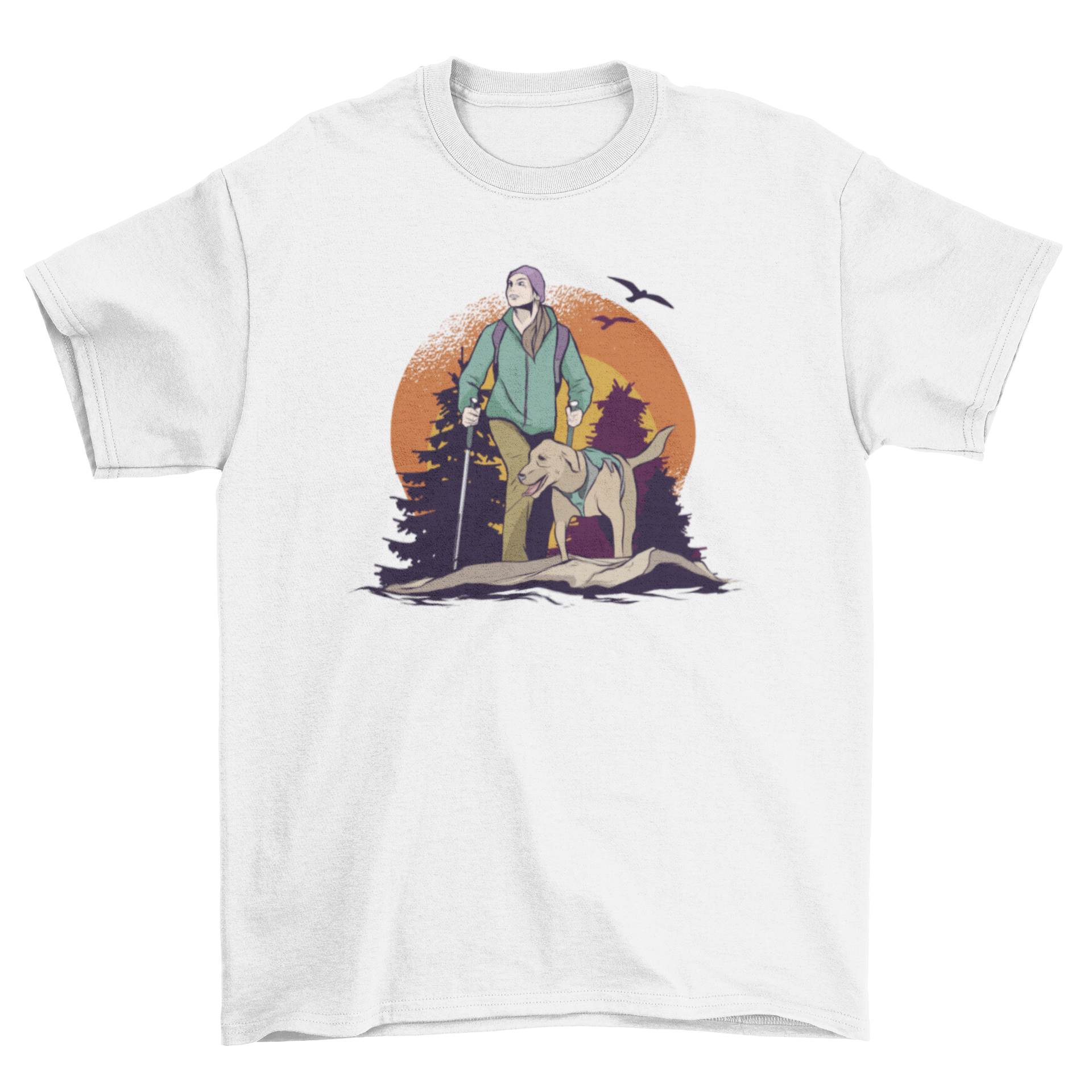 A woman hiking in a forest with her dog, surrounded by trees and birds, depicted on a stylish t-shirt.