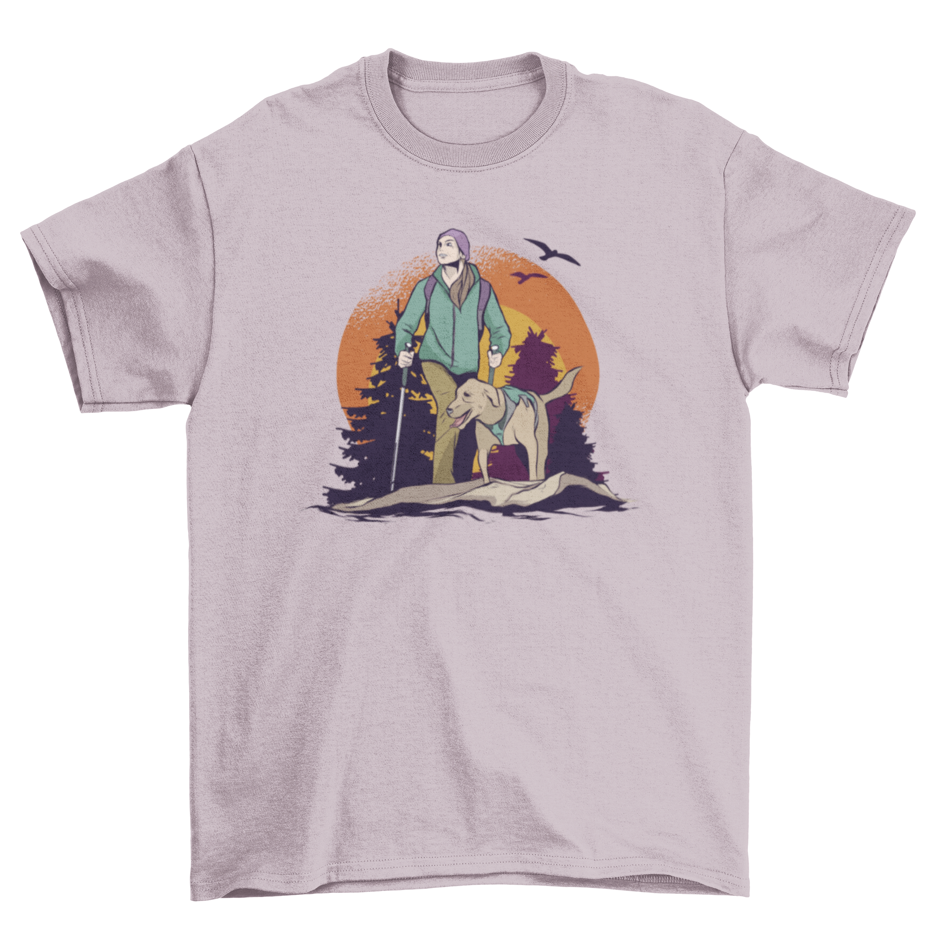 A woman hiking in a forest with her dog, surrounded by trees and birds, depicted on a stylish t-shirt.