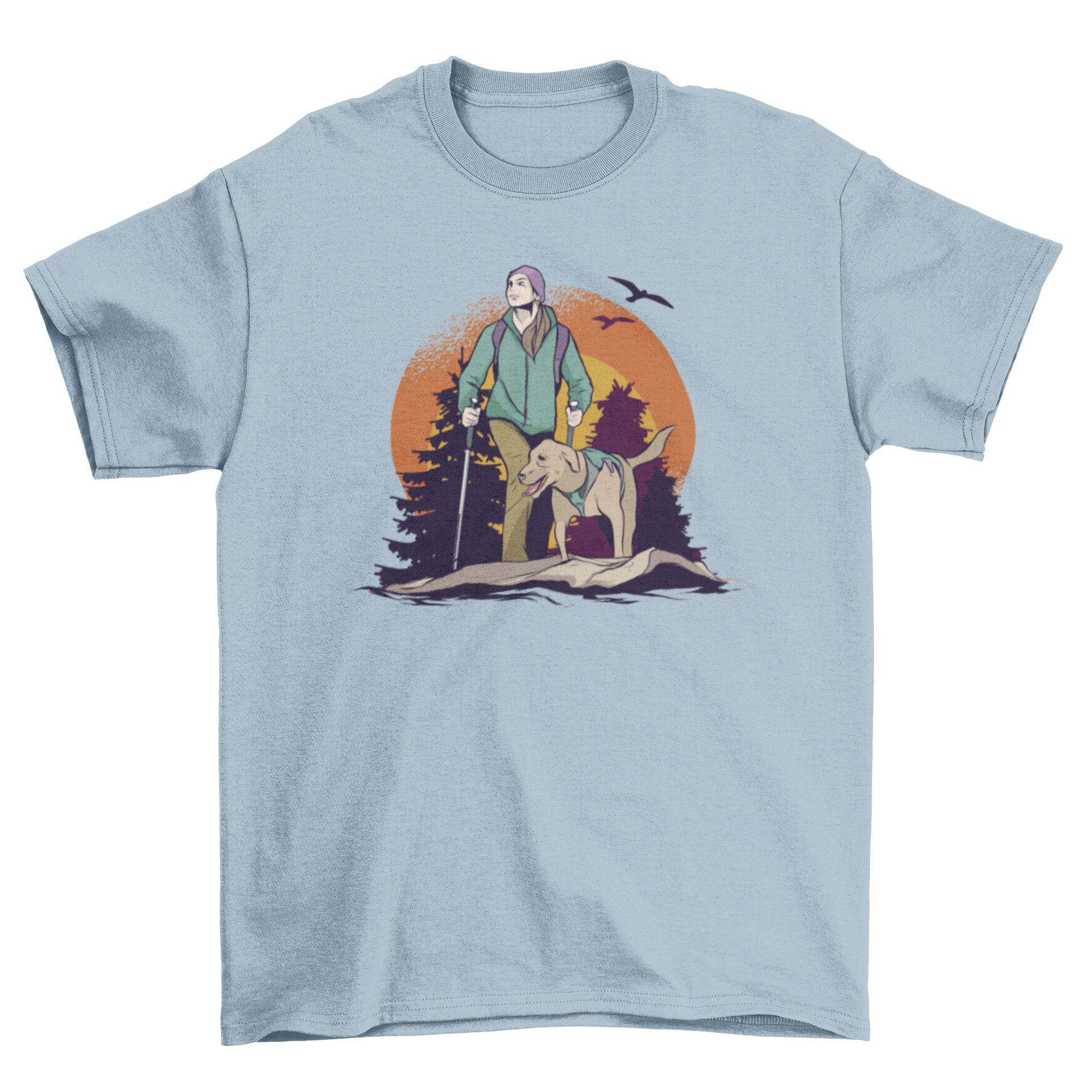 A woman hiking in a forest with her dog, surrounded by trees and birds, depicted on a stylish t-shirt.