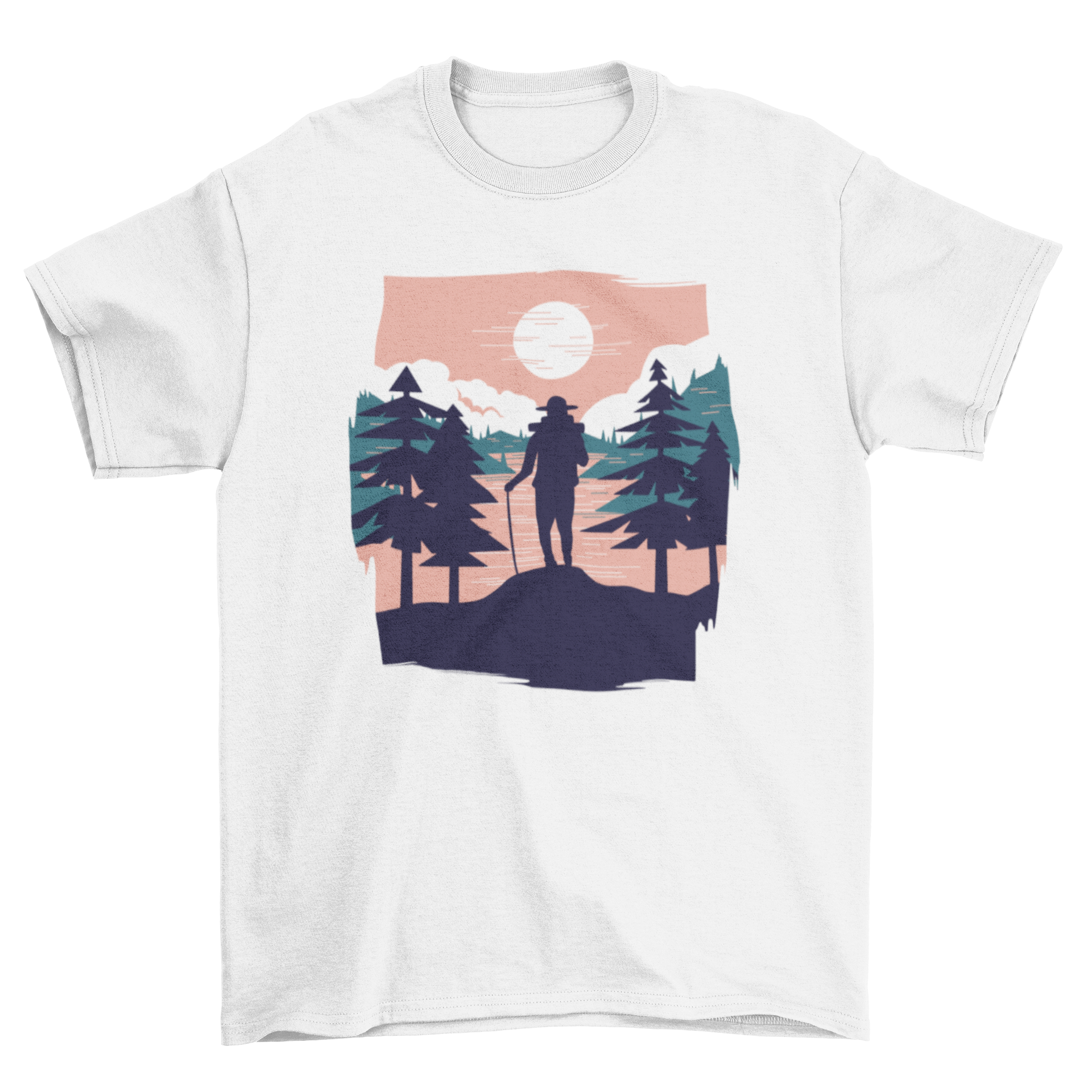 A stylish t-shirt featuring a beautiful landscape design with a hiker silhouette, perfect for outdoor enthusiasts.