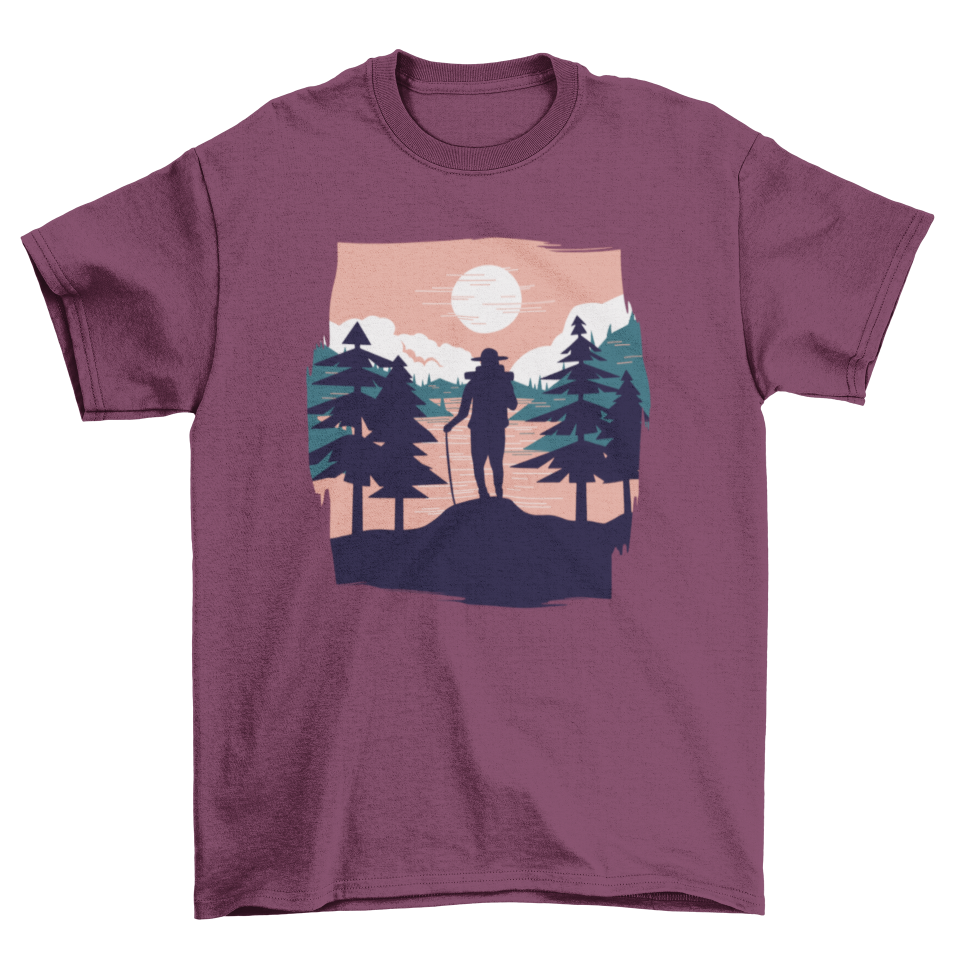 A stylish t-shirt featuring a beautiful landscape design with a hiker silhouette, perfect for outdoor enthusiasts.