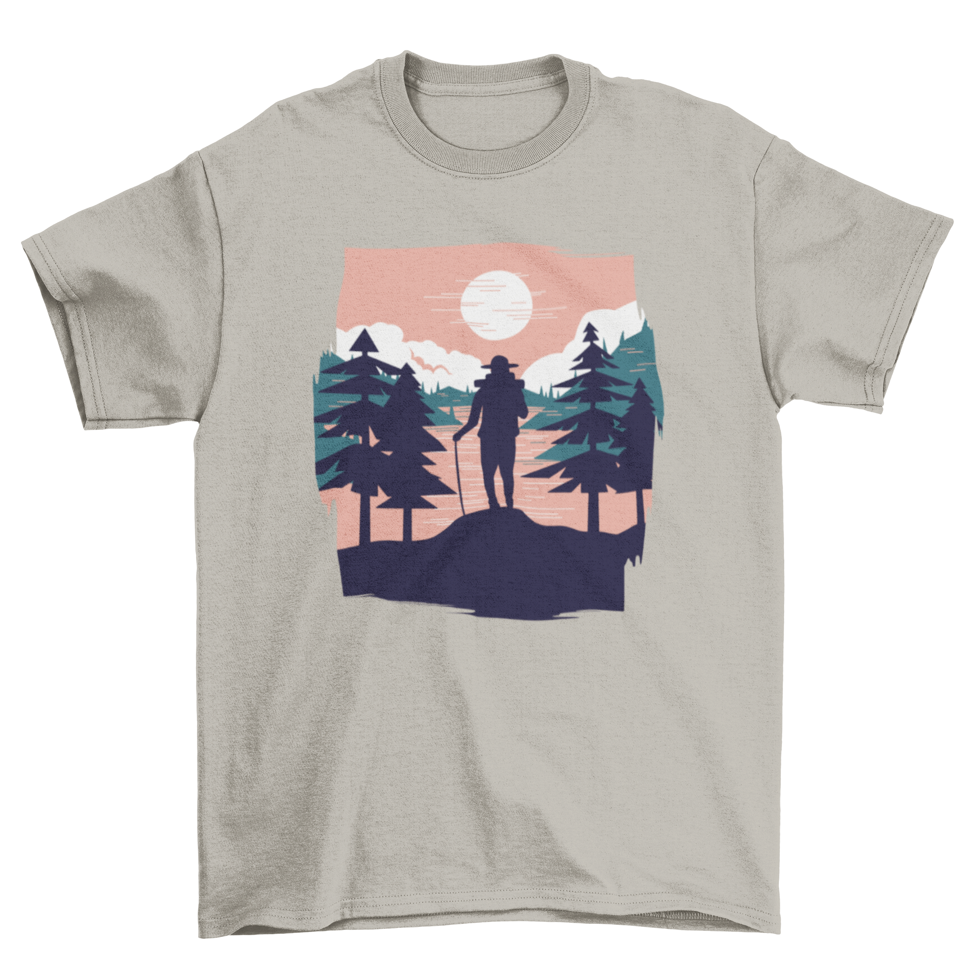 A stylish t-shirt featuring a beautiful landscape design with a hiker silhouette, perfect for outdoor enthusiasts.