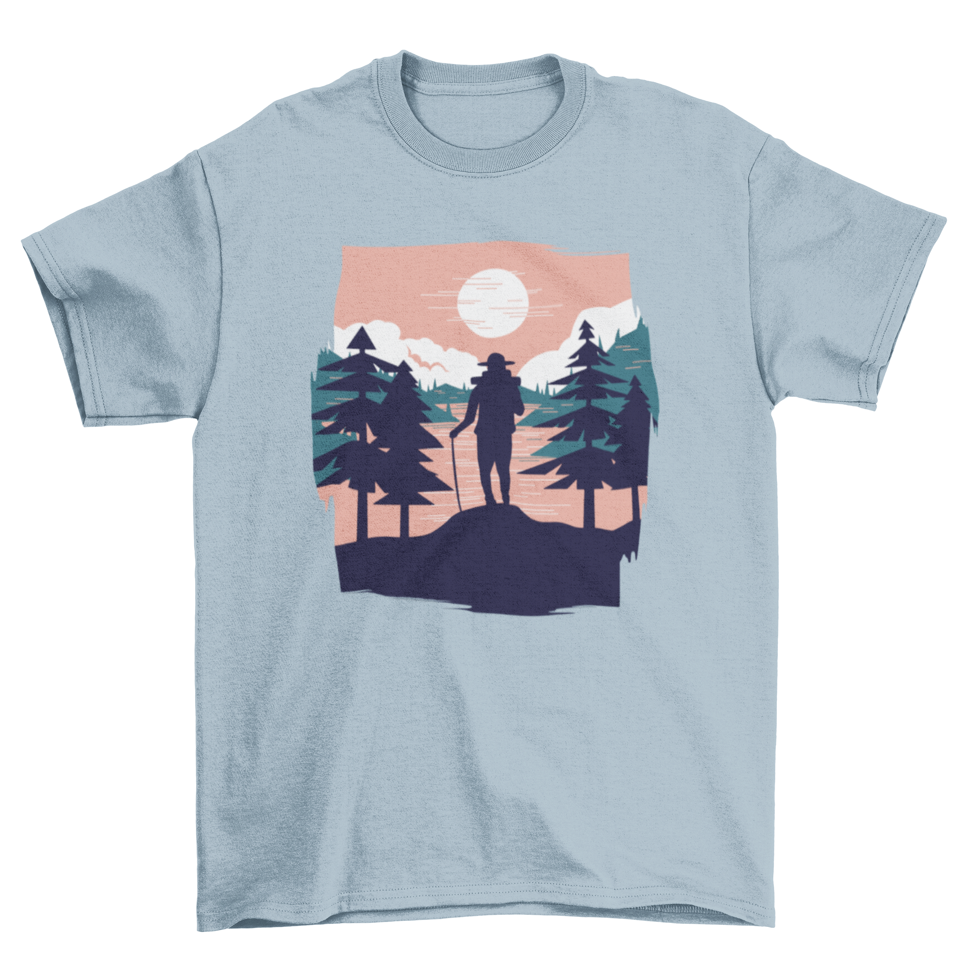 A stylish t-shirt featuring a beautiful landscape design with a hiker silhouette, perfect for outdoor enthusiasts.