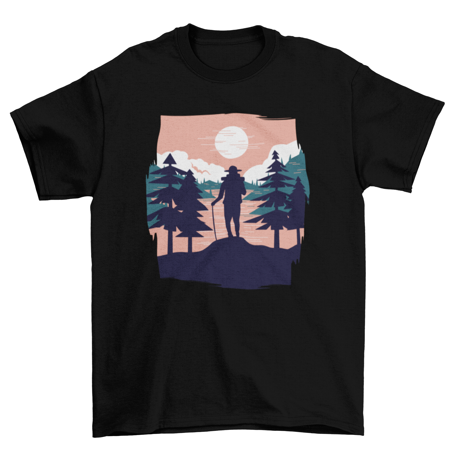 A stylish t-shirt featuring a beautiful landscape design with a hiker silhouette, perfect for outdoor enthusiasts.