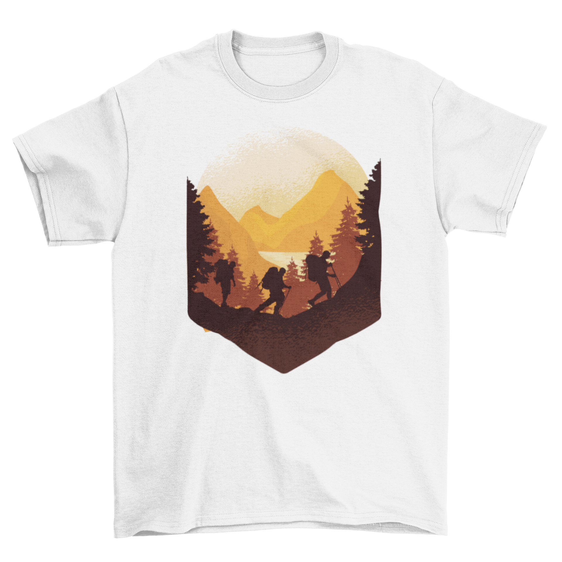 Hiking Outdoors T-Shirt featuring three hikers climbing a mountain with a lush forest background.