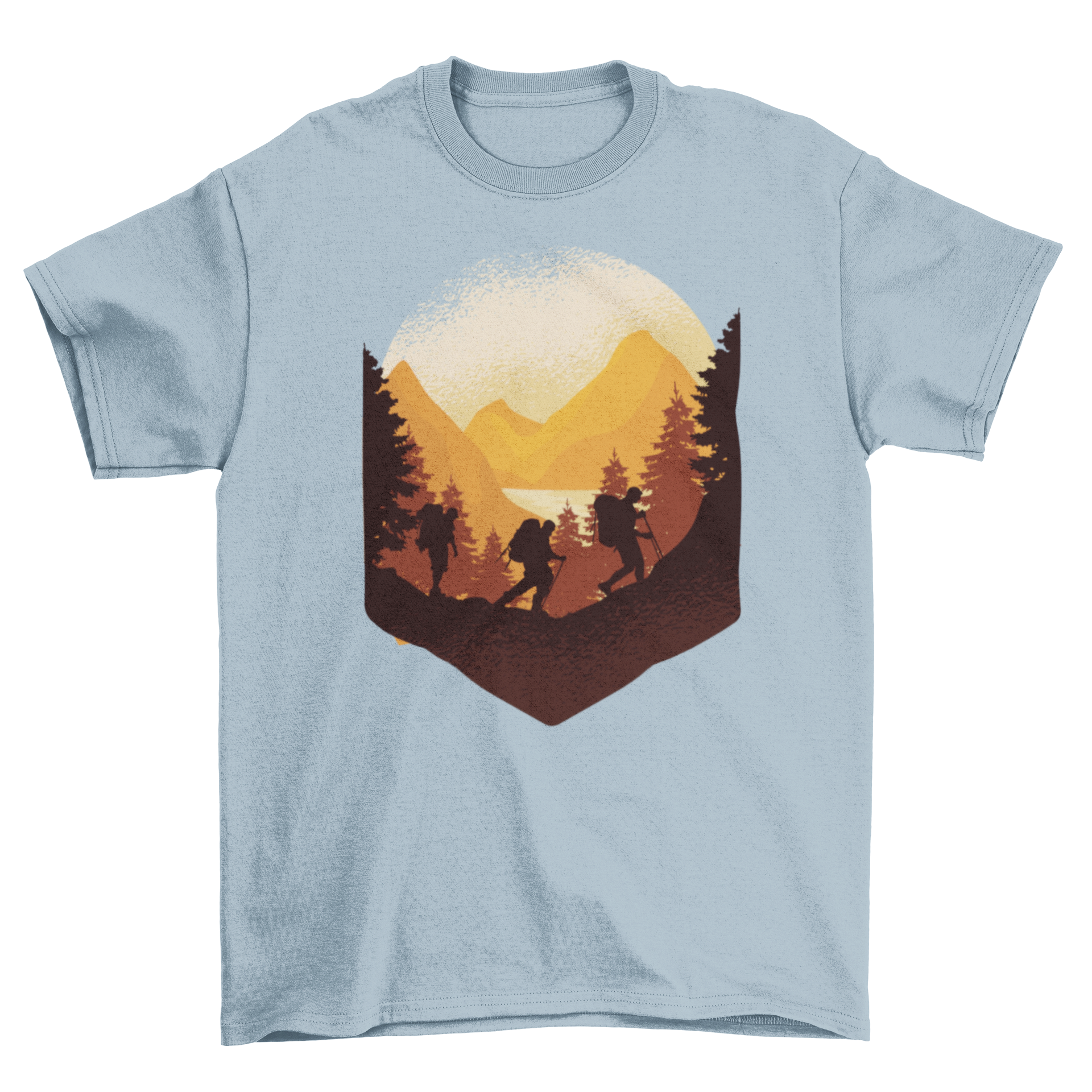 Hiking Outdoors T-Shirt featuring three hikers climbing a mountain with a lush forest background.