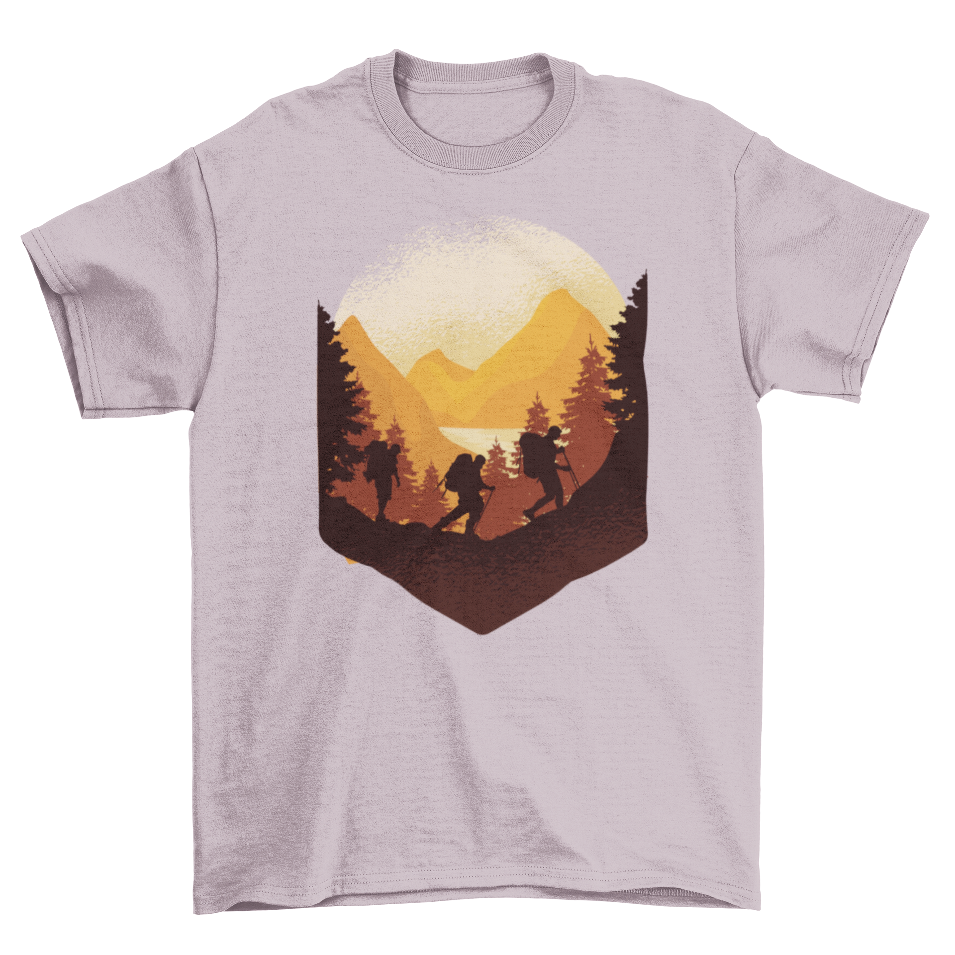 Hiking Outdoors T-Shirt featuring three hikers climbing a mountain with a lush forest background.