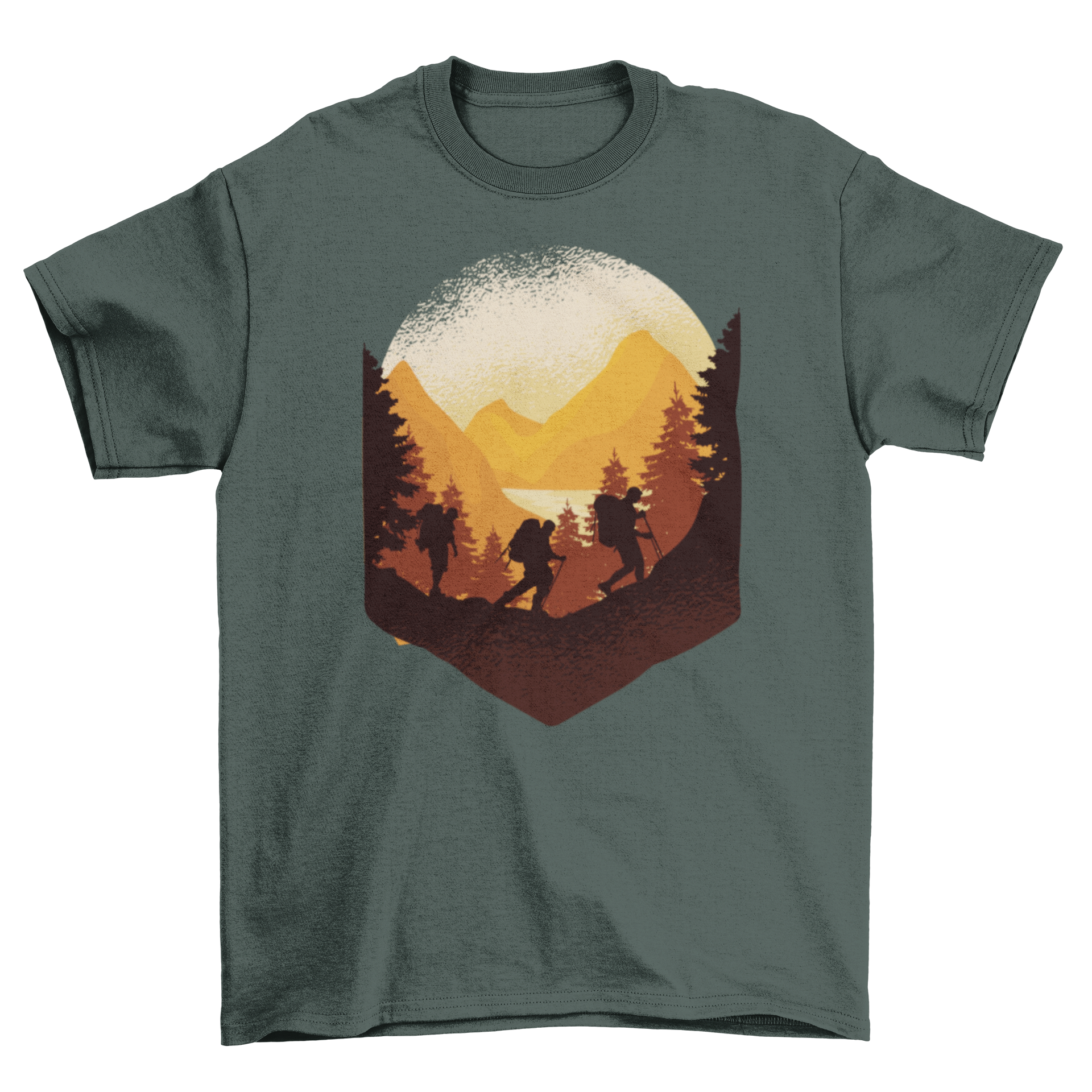 Hiking Outdoors T-Shirt featuring three hikers climbing a mountain with a lush forest background.