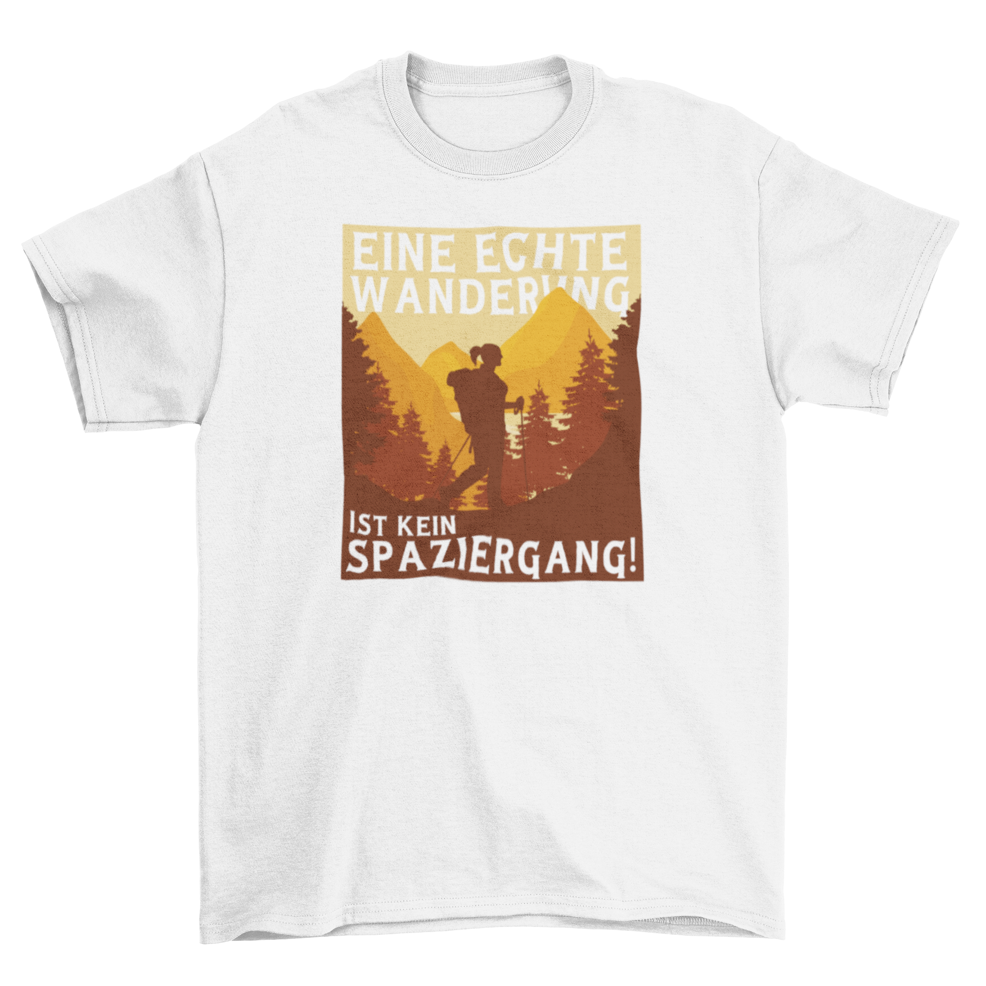 A stylish hiking t-shirt featuring a woman in forest hills with a German quote about hiking.