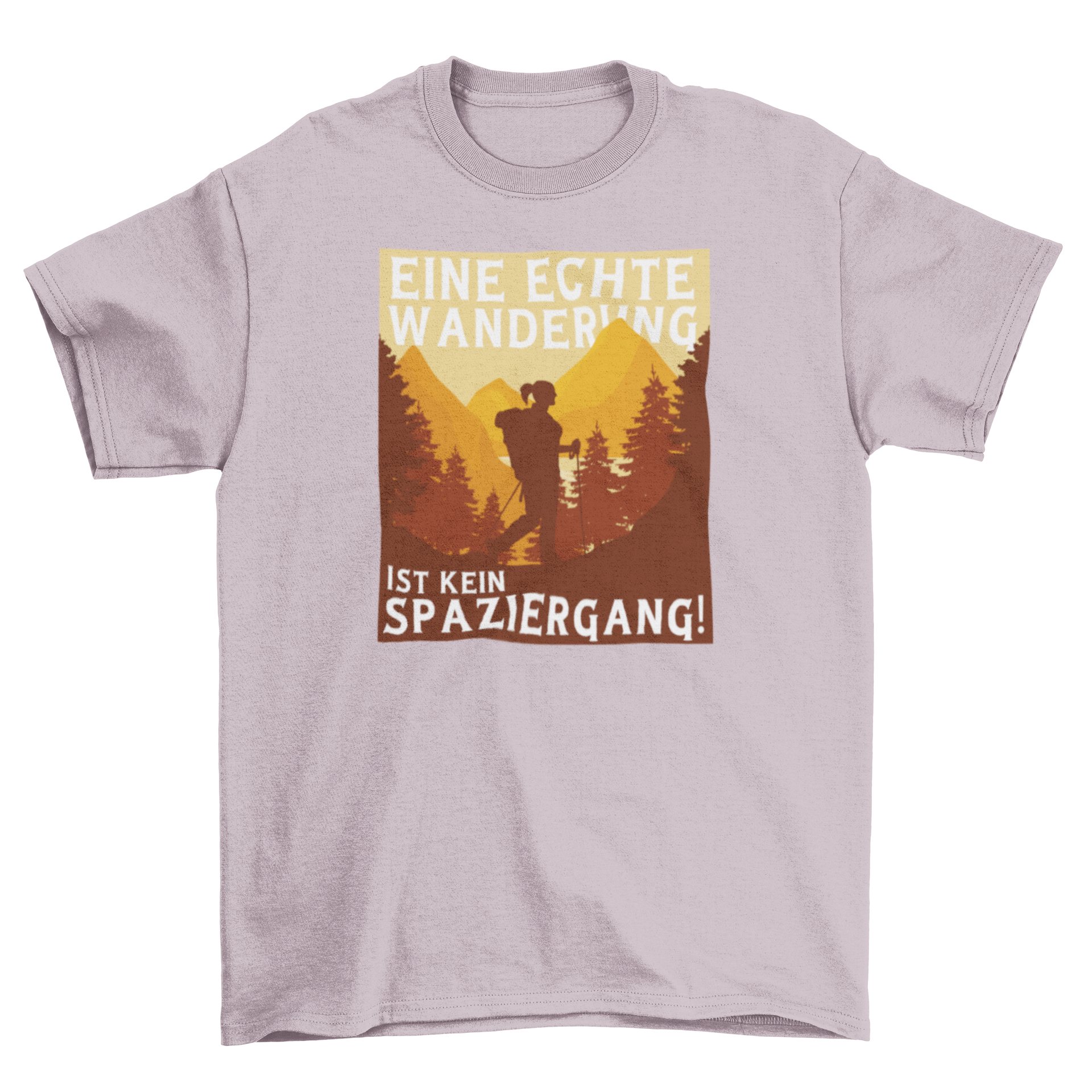 A stylish hiking t-shirt featuring a woman in forest hills with a German quote about hiking.