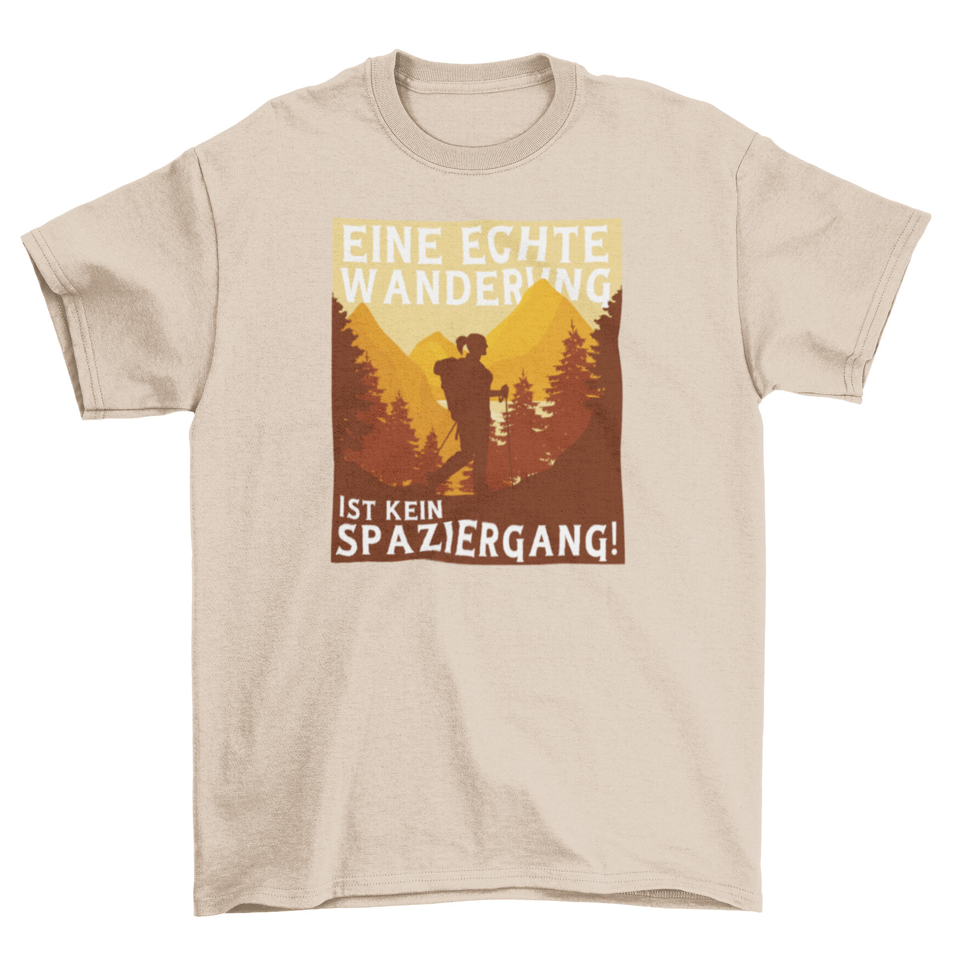 A stylish hiking t-shirt featuring a woman in forest hills with a German quote about hiking.