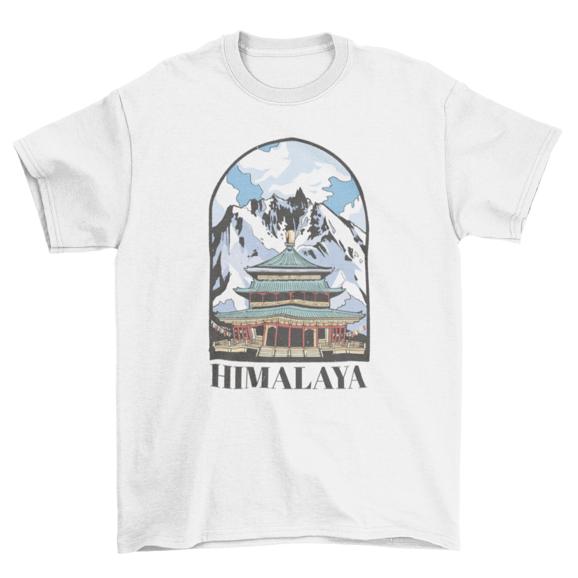 A stylish t-shirt featuring a beautiful design of the Himalayas with a temple in the foreground, perfect for nature enthusiasts.