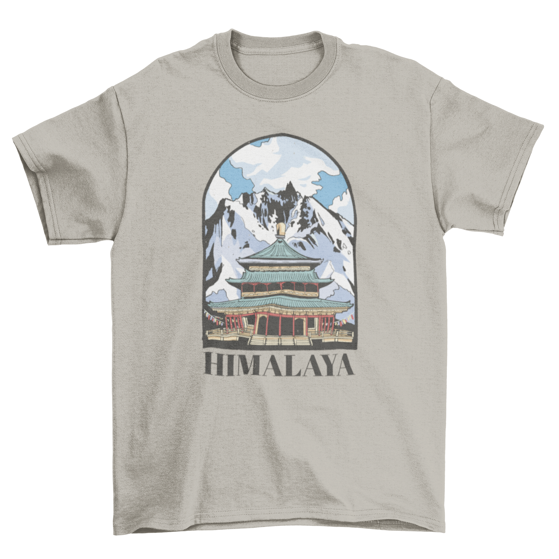 A stylish t-shirt featuring a beautiful design of the Himalayas with a temple in the foreground, perfect for nature enthusiasts.