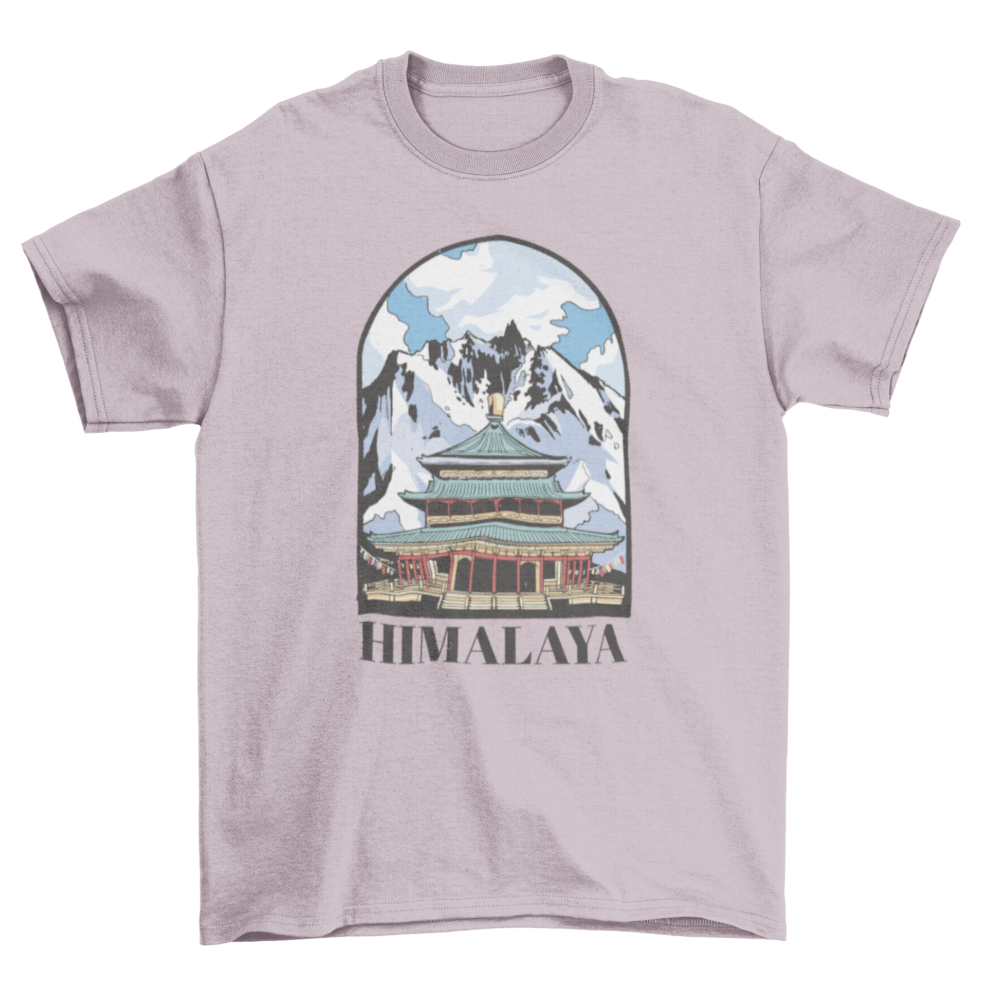 A stylish t-shirt featuring a beautiful design of the Himalayas with a temple in the foreground, perfect for nature enthusiasts.