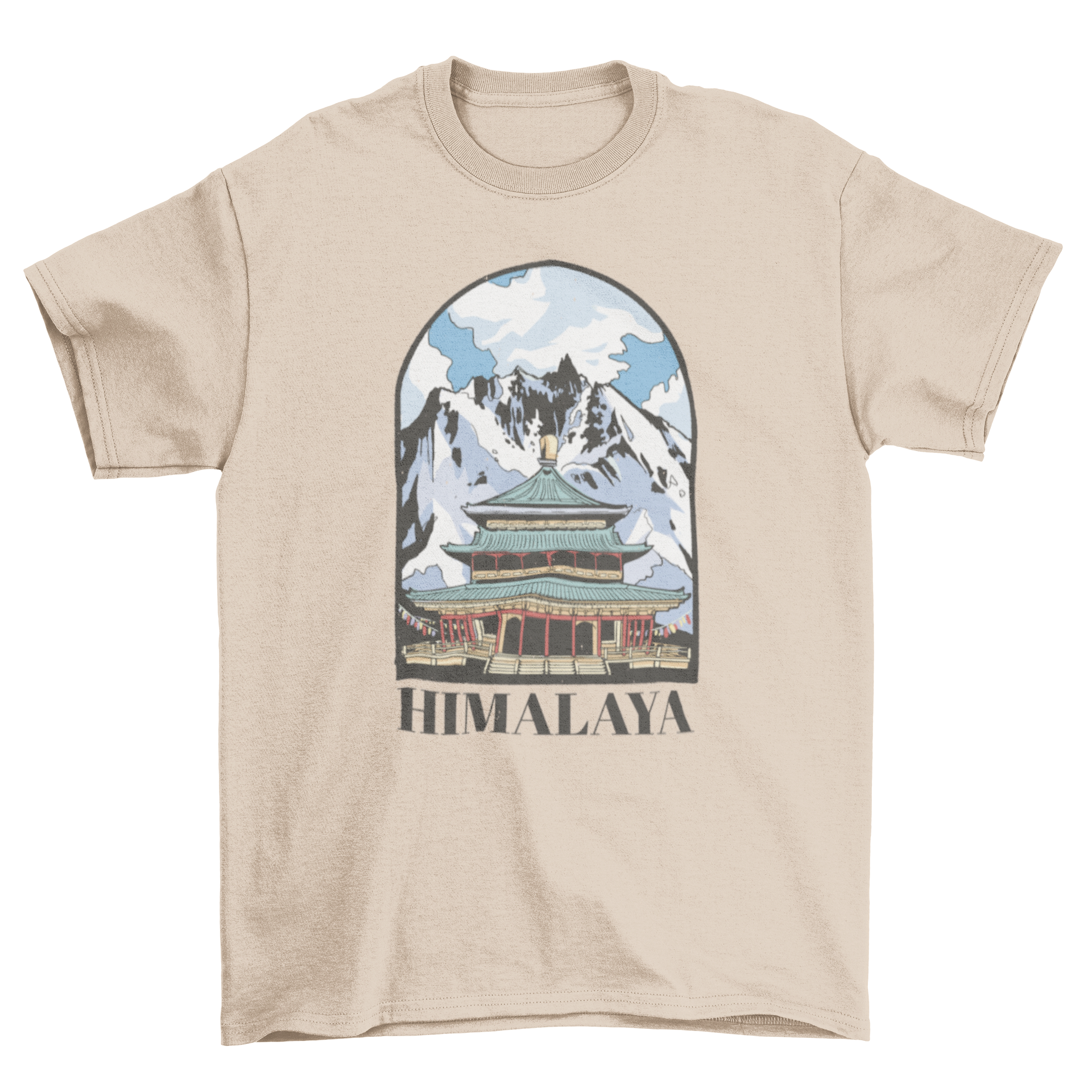 A stylish t-shirt featuring a beautiful design of the Himalayas with a temple in the foreground, perfect for nature enthusiasts.