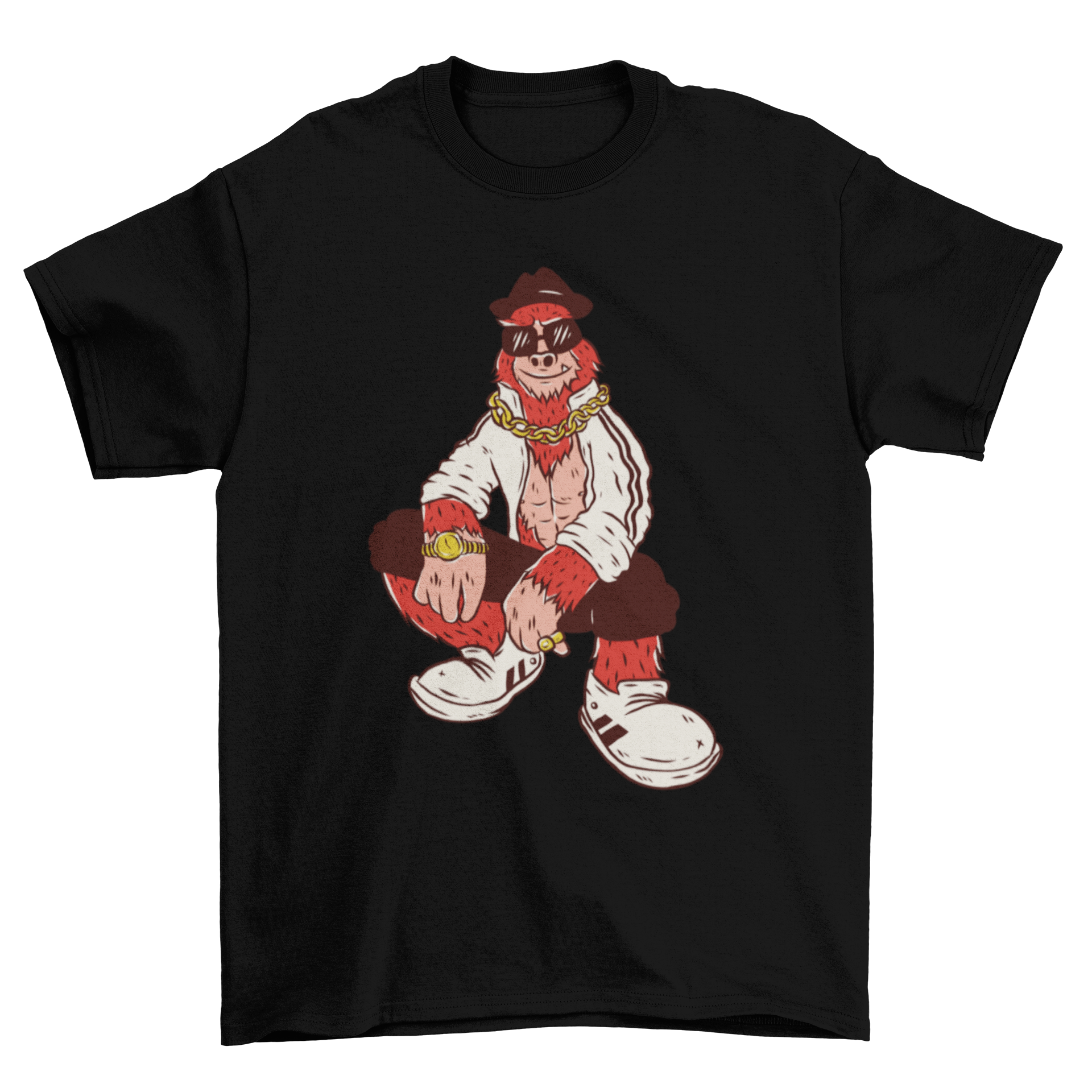 Hip Hop Bigfoot t-shirt featuring Bigfoot in sunglasses, hat, and jewelry.