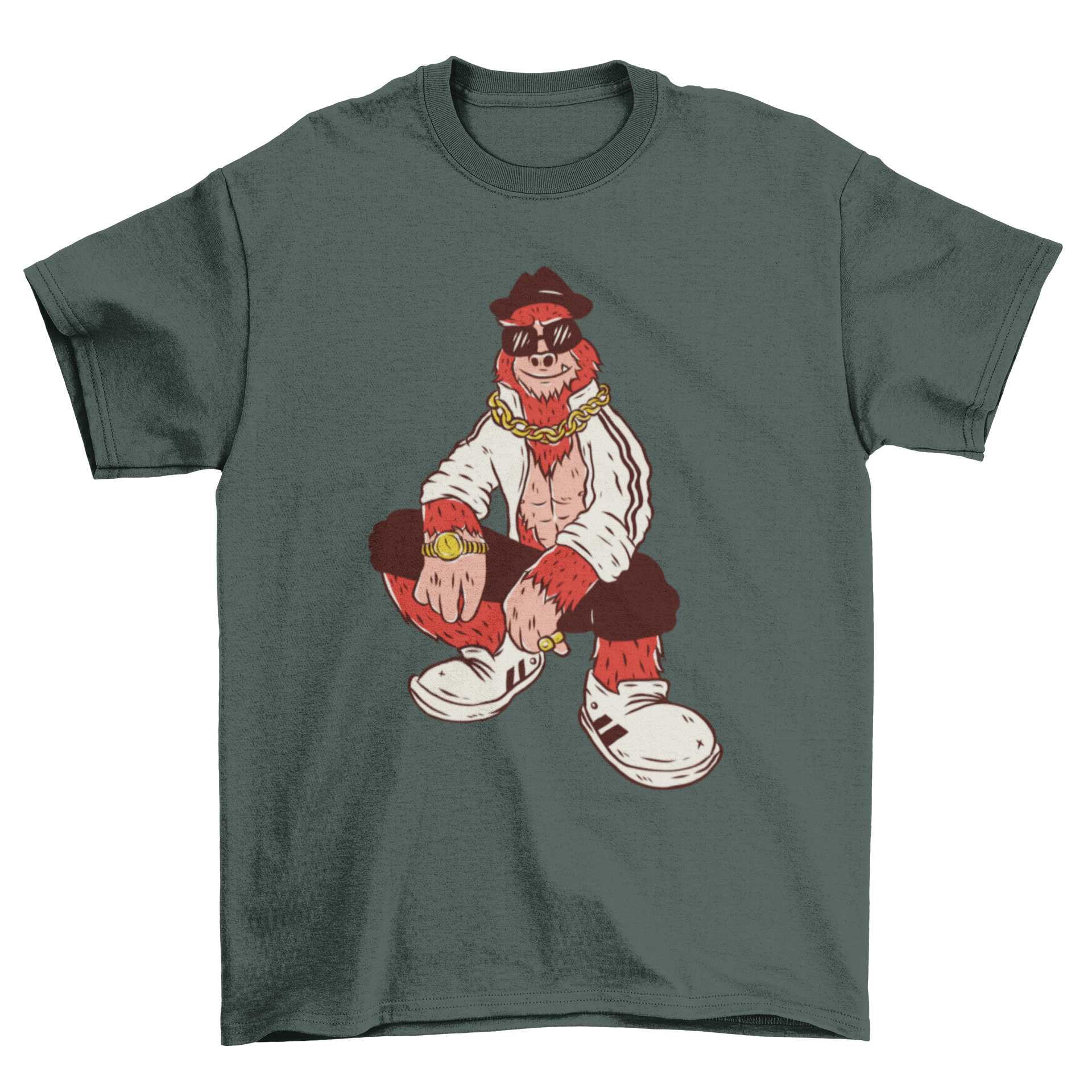 Hip Hop Bigfoot t-shirt featuring Bigfoot in sunglasses, hat, and jewelry.