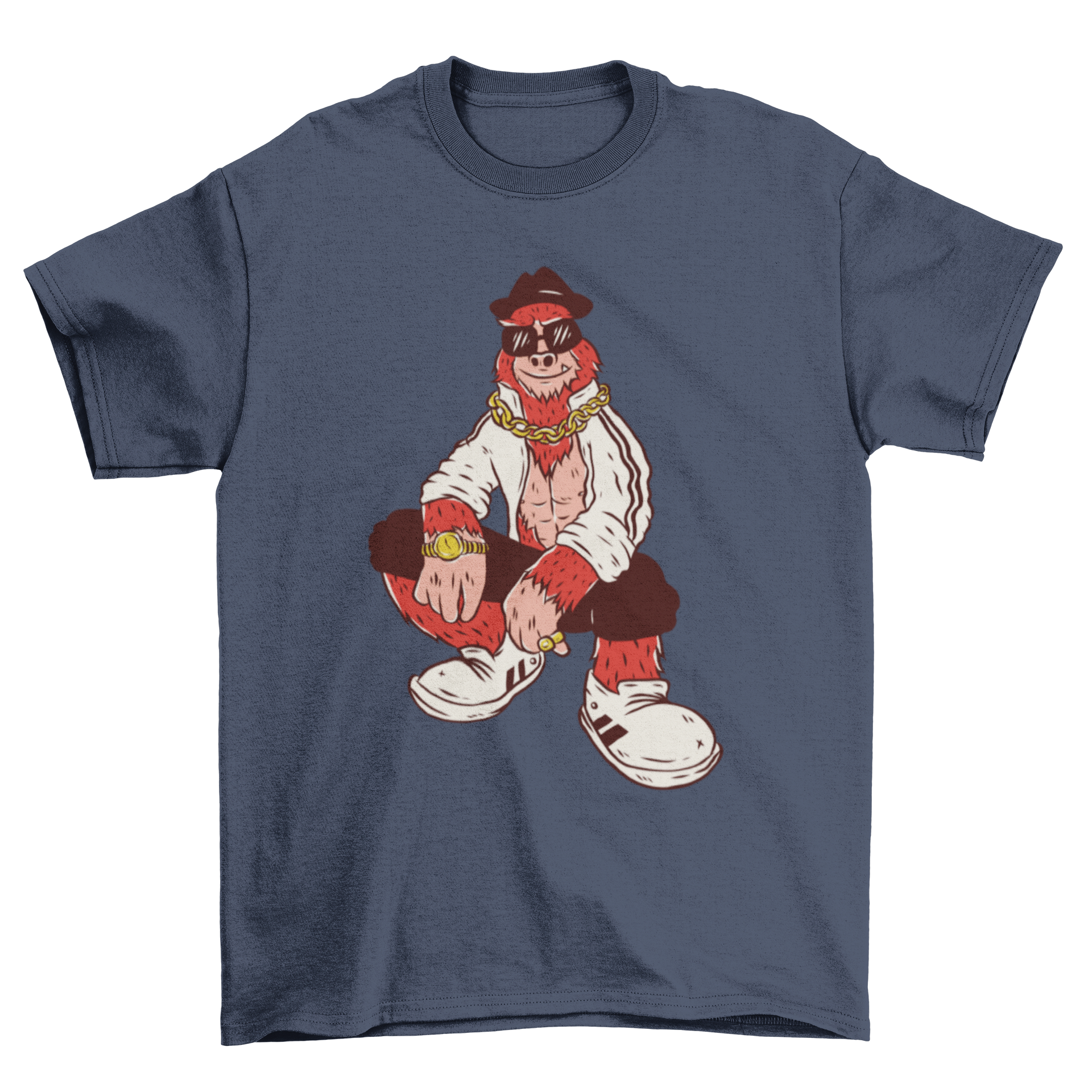 Hip Hop Bigfoot t-shirt featuring Bigfoot in sunglasses, hat, and jewelry.