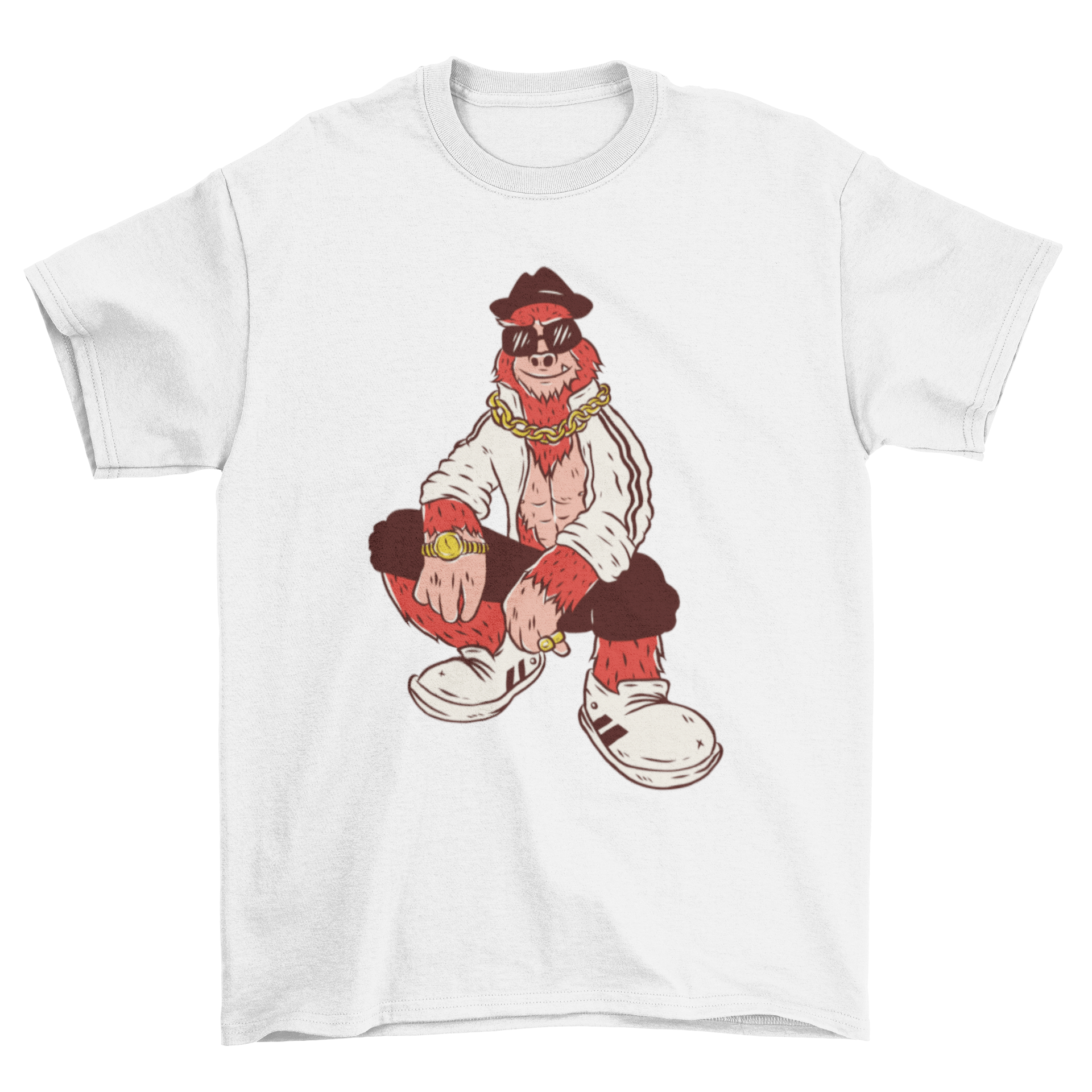 Hip Hop Bigfoot t-shirt featuring Bigfoot in sunglasses, hat, and jewelry.